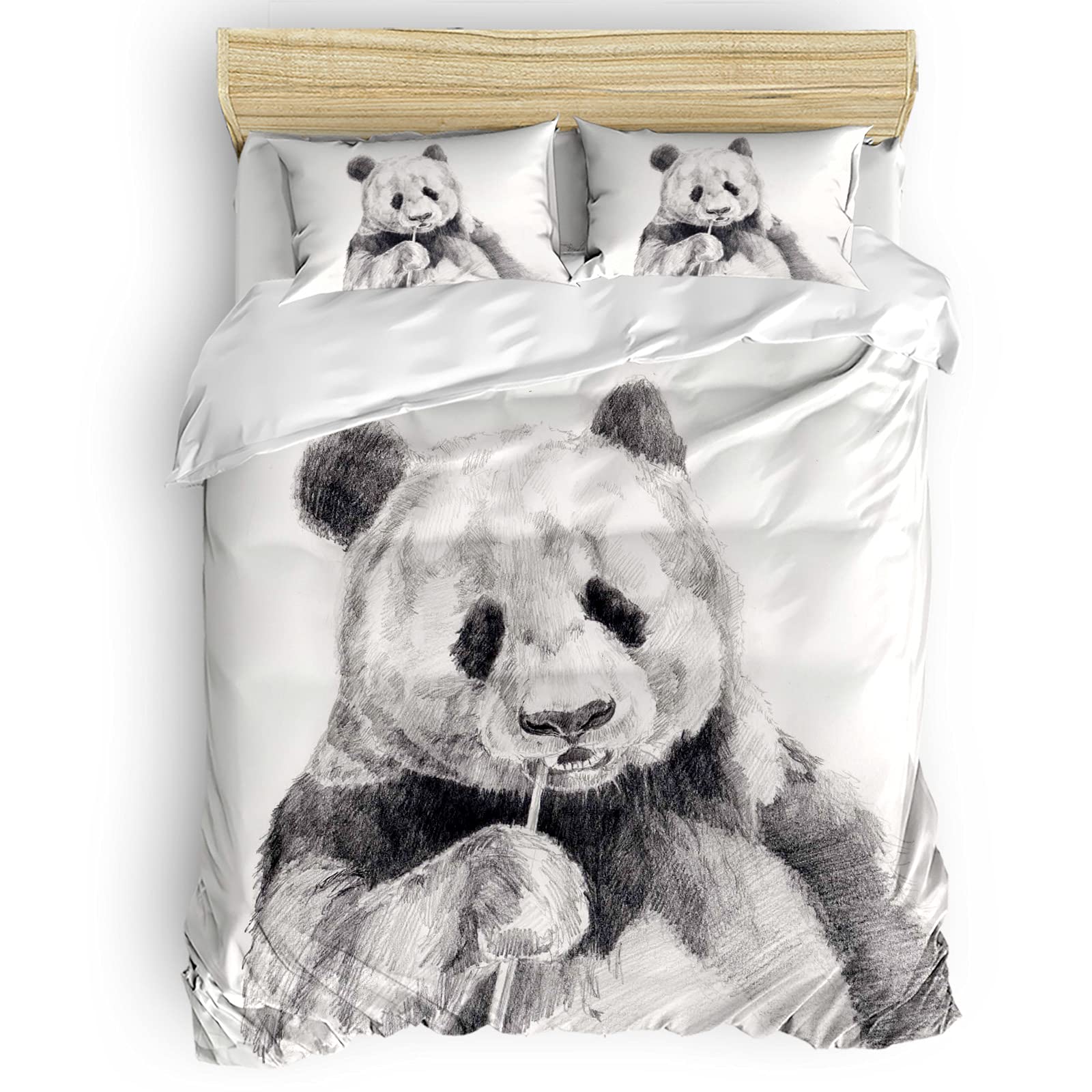 Soft Panda Duvet Cover Twin Size - Black & White Hand-Painted Comforter Set with 2 Pillowcases & Flat Sheet | Breathable Bedding for Kids' Room, Nursery Decor, Boys & Girls Bedroom