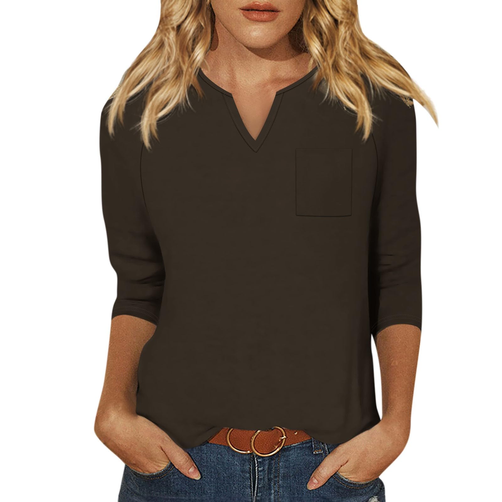 Women's 3/4 Sleeve V-Neck Tunic Tops with Pockets - Casual & Dressy for Work & Outings