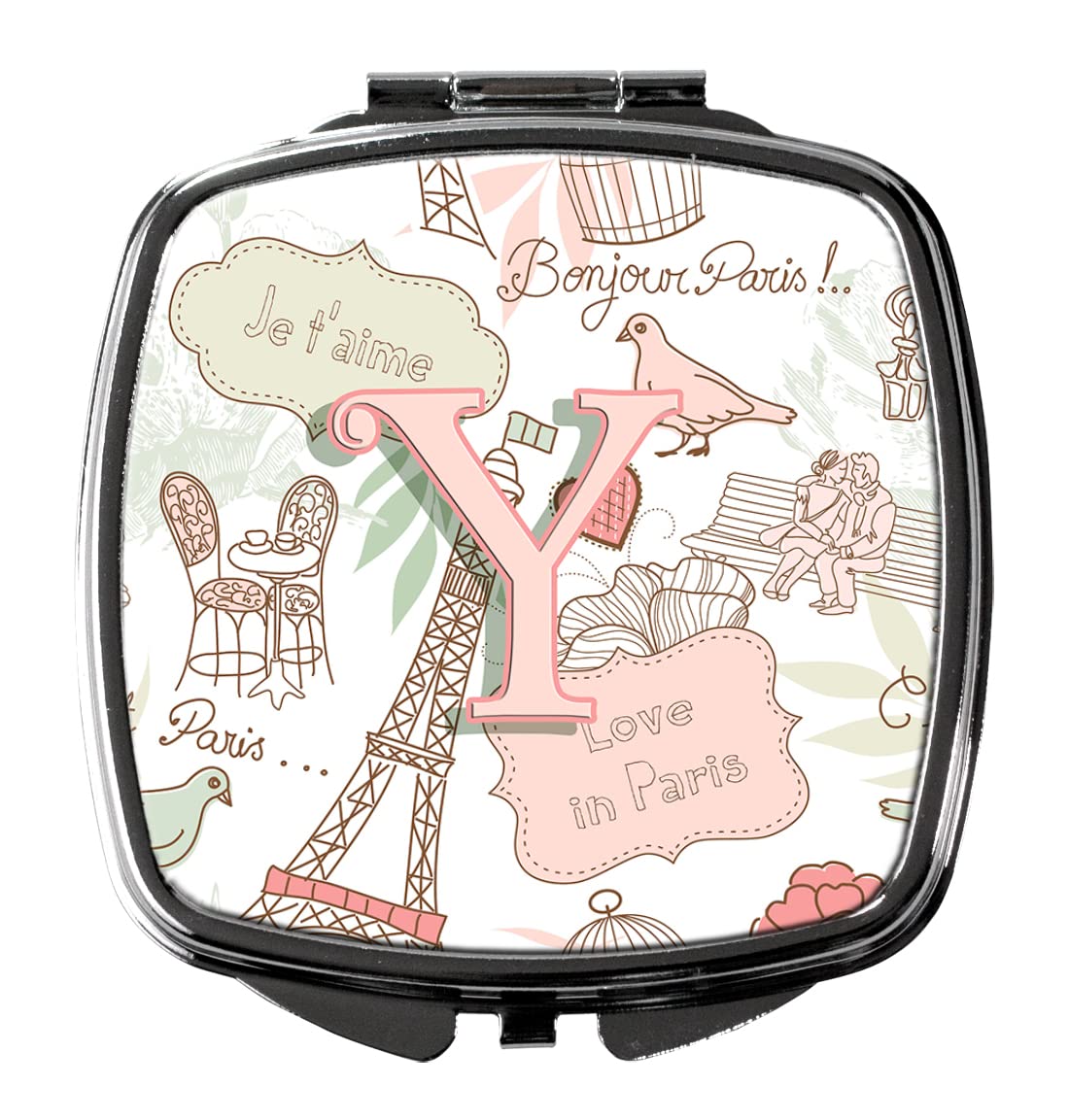 Caroline's Treasures CJ2002-YSCM Paris-Themed Letter Y Compact Mirror - Pink Travel Makeup Mirror for Women & Girls, Perfect Gift Idea | Portable Folding Handheld Mirror for Purse, Vanity & On-the-Go Touchups