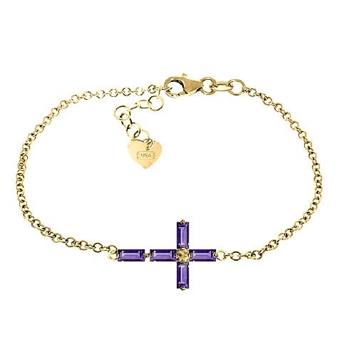14K Solid Gold Horizontal Cross Amethyst Bracelet - 1.15 Carat Genuine Amethyst Gemstone, Dainty Gold Jewelry for Women, Perfect Gift for Birthday, Anniversary & Religious Occasions