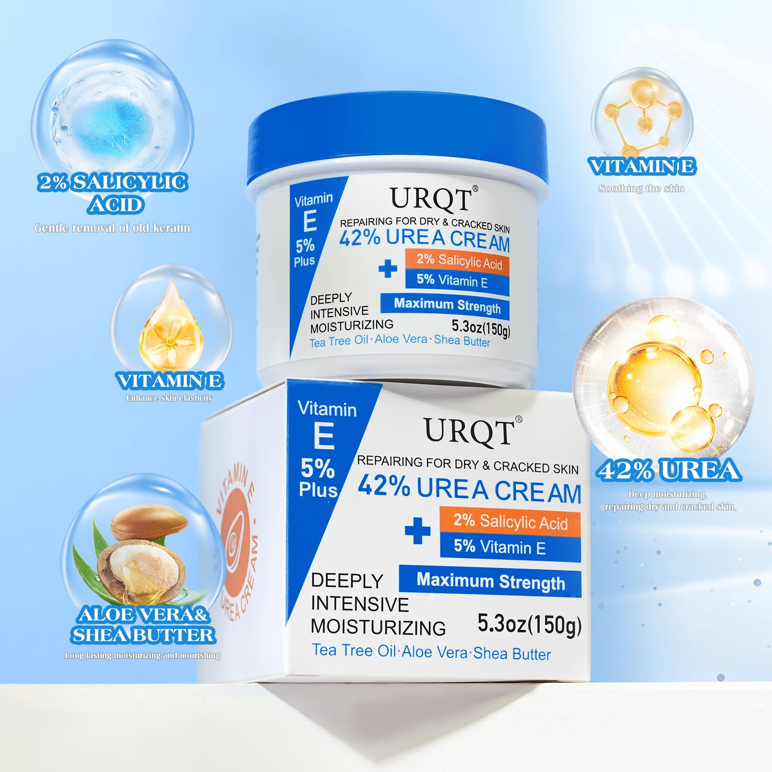 42% Urea Cream for Dry & Cracked Skin - Intense Moisturizing Foot & Hand Repair Cream with 2% Salicylic Acid, 5% Vitamin E, Tea Tree Oil, Aloe Vera & Shea Butter - Maximum Strength Skin Treatment for Calluses, Heel Cracks & Rough Patches - Ideal for Athletes, Diabetics & Dry Skin Care