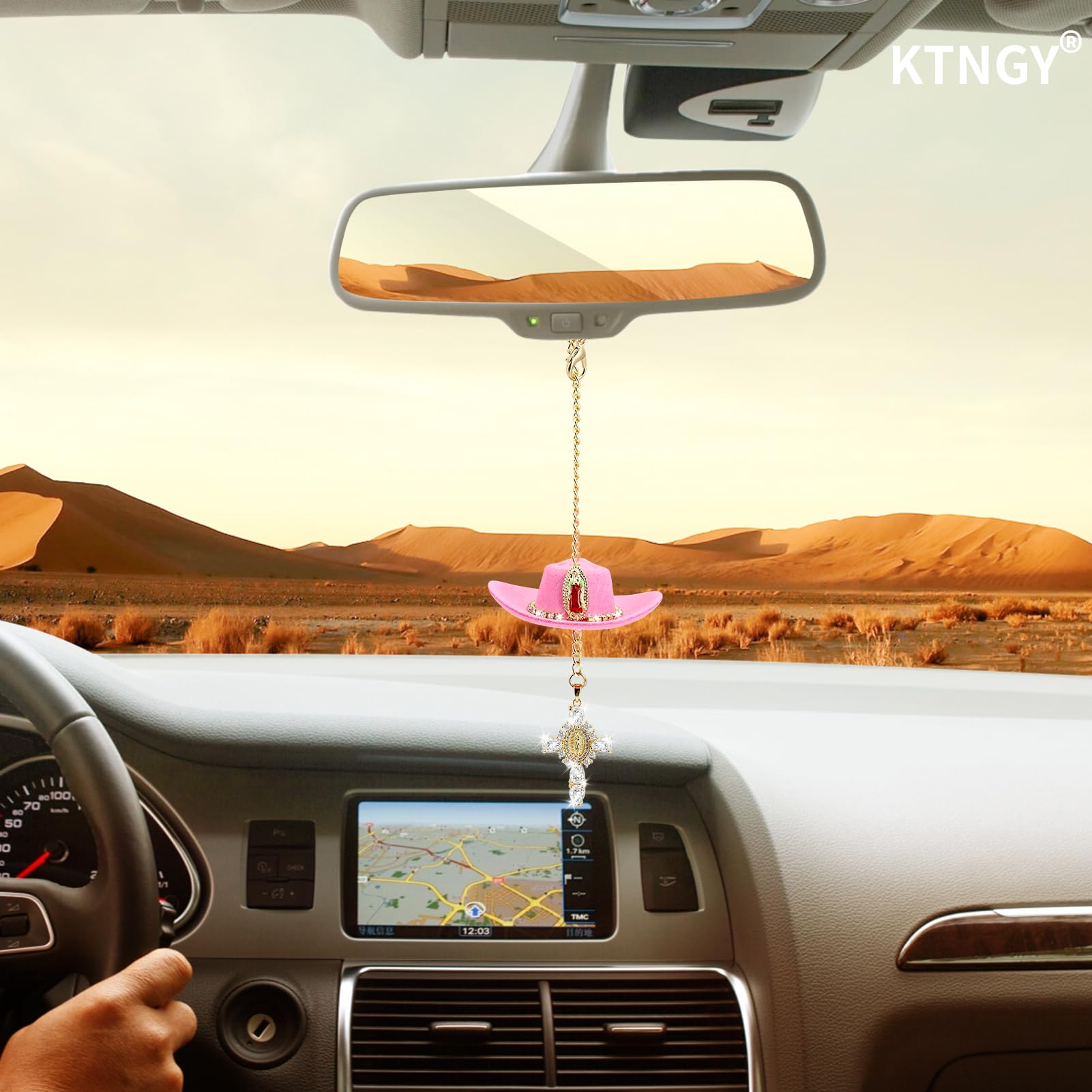 Cowboy Hat Crystal Cross Car Charm - Handmade Felt Mini Hat Ornament for Rearview Mirror, Pink Country Style Auto Interior Decor | Perfect for Western-Themed Vehicles, Truck Accessories & Country Music Lovers' Cars