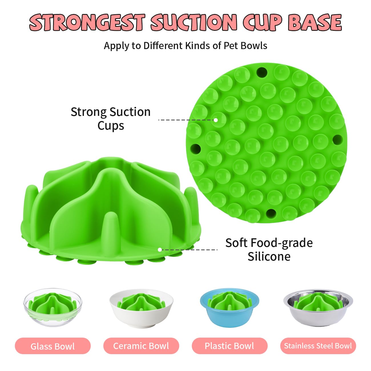 Slow Feeder Dog Bowl Insert - Non-Slip Silicone Pet Food Puzzle Mat with Strong Suction Cups for Stainless Steel, Glass & Ceramic Bowls (Green, Small Size) - Perfect for Fast Eaters & Digestion Aid During Mealtime