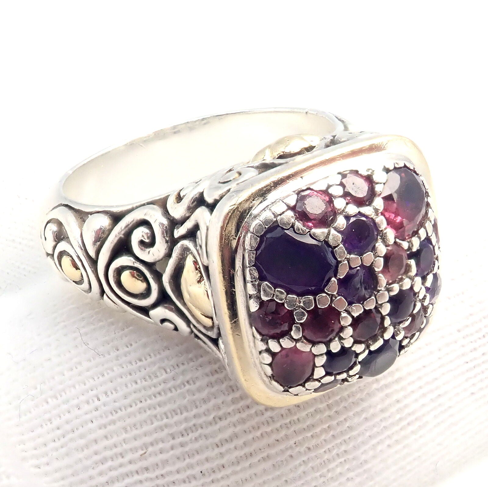 John Hardy JH Silver 18k Yellow Gold Classic Lava Fire Amethyst Tourmaline Ring for Women - Elegant Jewelry Gift for Anniversary, Wedding & Special Occasions