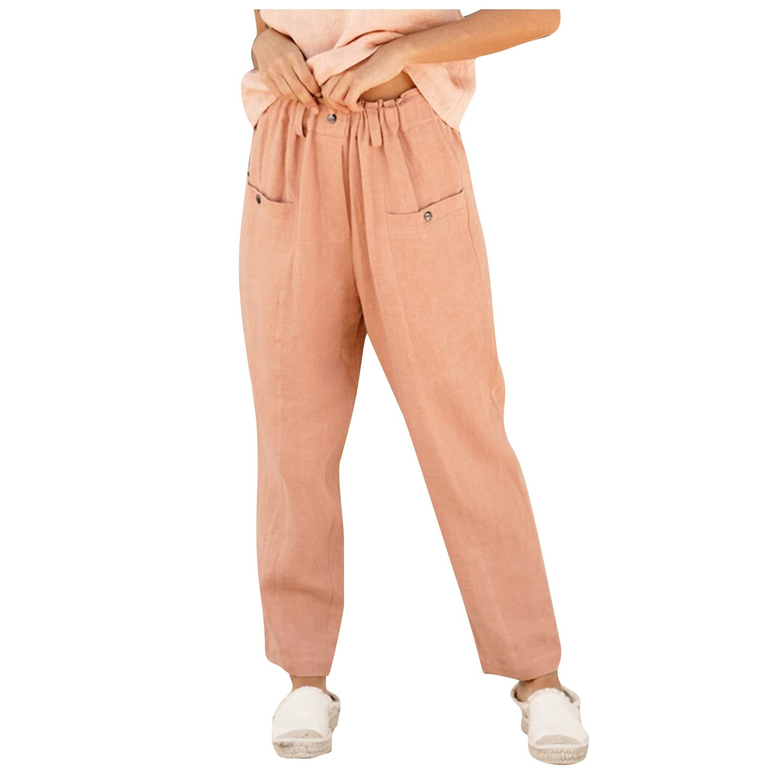 HUANKD Women's Cargo Pants - Cotton Linen Blend, Elastic Waist, Loose Fit Casual Trousers with Button Detail | Perfect for Hiking, Travel & Everyday Wear