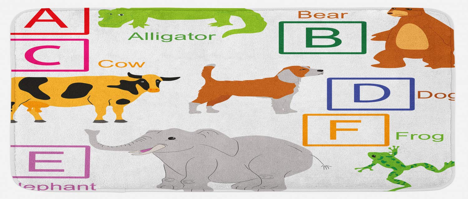 Ambesonne Non-Slip Science Kitchen Rug with Alphabet Letters & Zoo Animals - Educational Plush Mat for Kids, 47