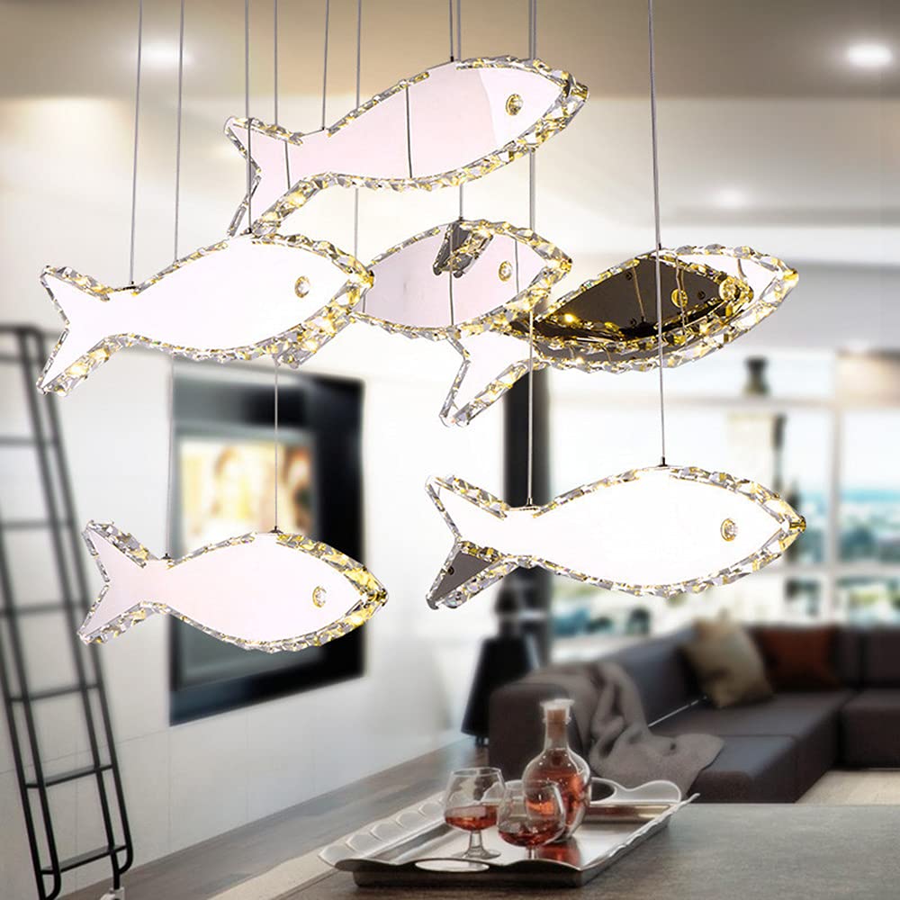Modern Crystal Stainless Steel LED Fish Ceiling Pendant Light - High Power Restaurant Chandelier Fixture (3 Fishes) - Perfect for Dining Room, Cafe, and Luxury Home Decor