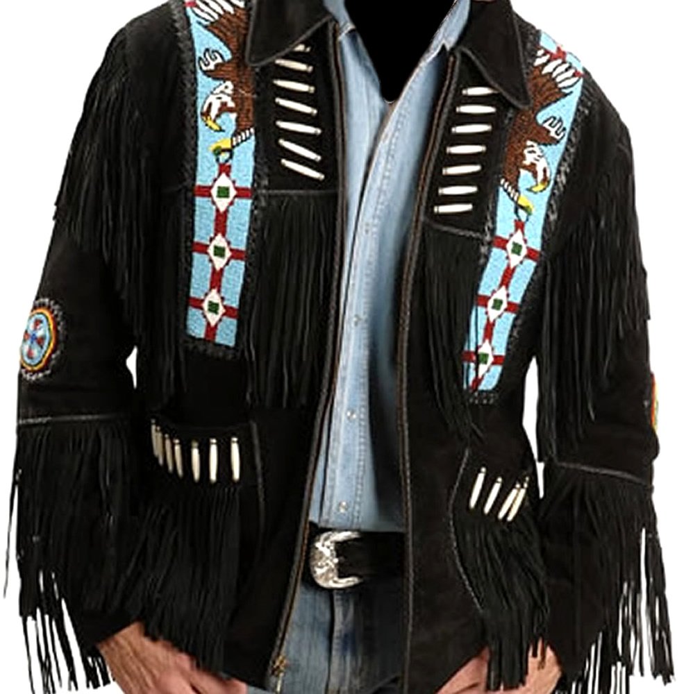 Classyak Genuine Leather Western Jacket with Fringe, Beads & Bone Decor - Perfect for Cowboy Rides, Rodeos & Country Music Festivals