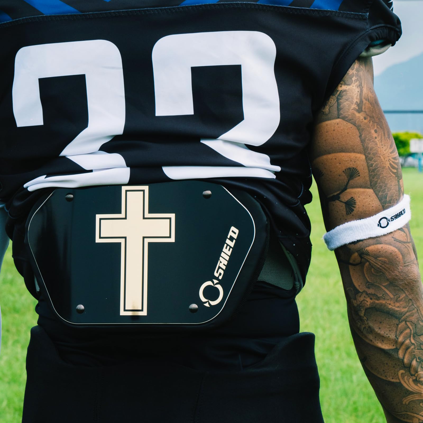 O Shield Golden Cross Chrome Football Back Plate - Lower Back Protector for Football Players - Rear Guard Pads - Cross Series - Ideal for Tackling, Blocking & Game Protection