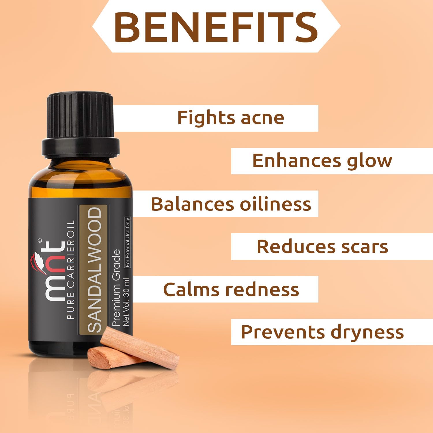 Pure & Natural Sandalwood Essential Oil (Chandan Oil) for Skin, Face, Bath & Aromatherapy - Stress Relief & Relaxation - Use in Diffusers, Pooja Ceremonies & Massage - 30ml