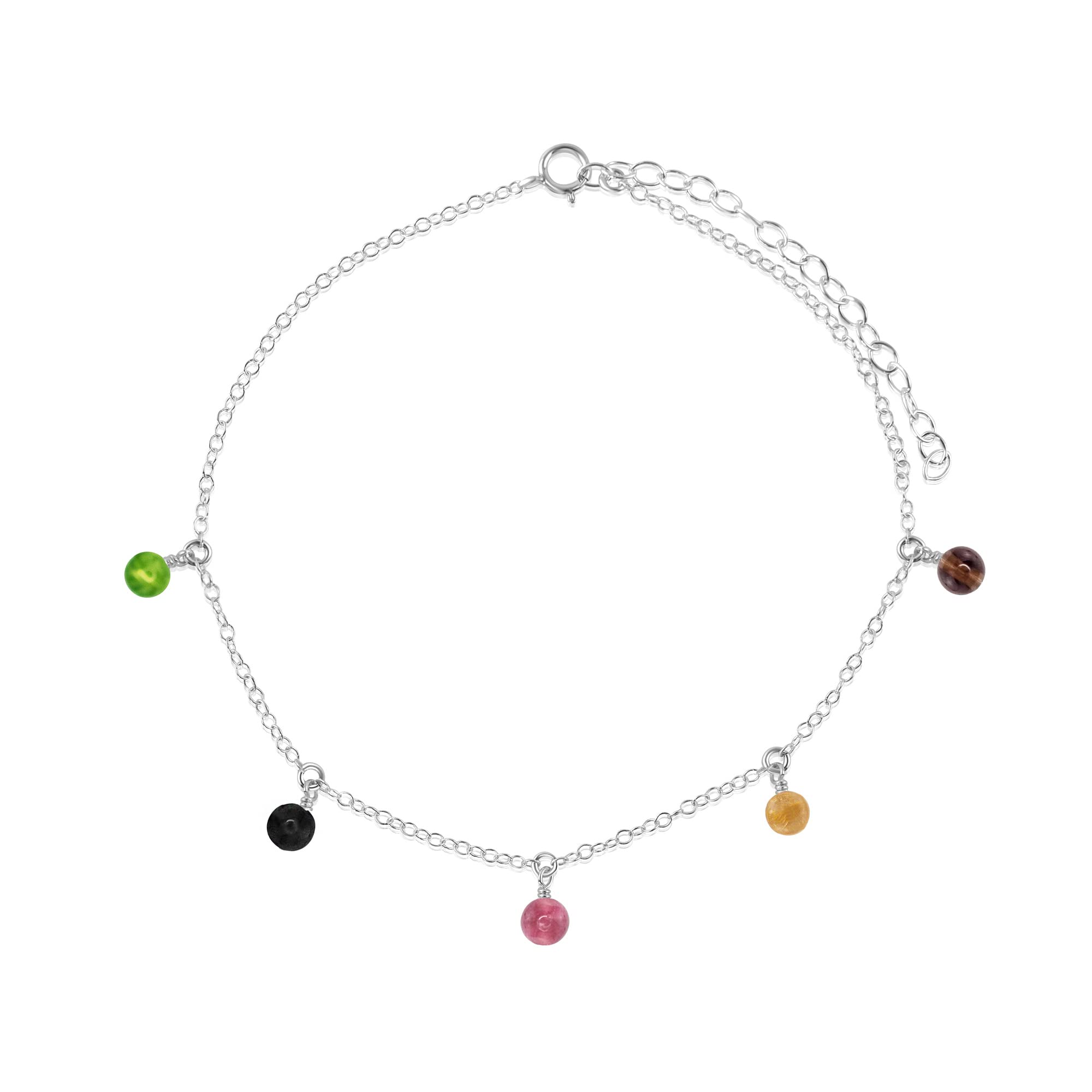 Sterling Silver Tourmaline Bead Drop Anklet - Handmade Adjustable Ankle Bracelet for Women, Boho Beach Jewelry - Perfect for Summer Vacations & Festival Outfits