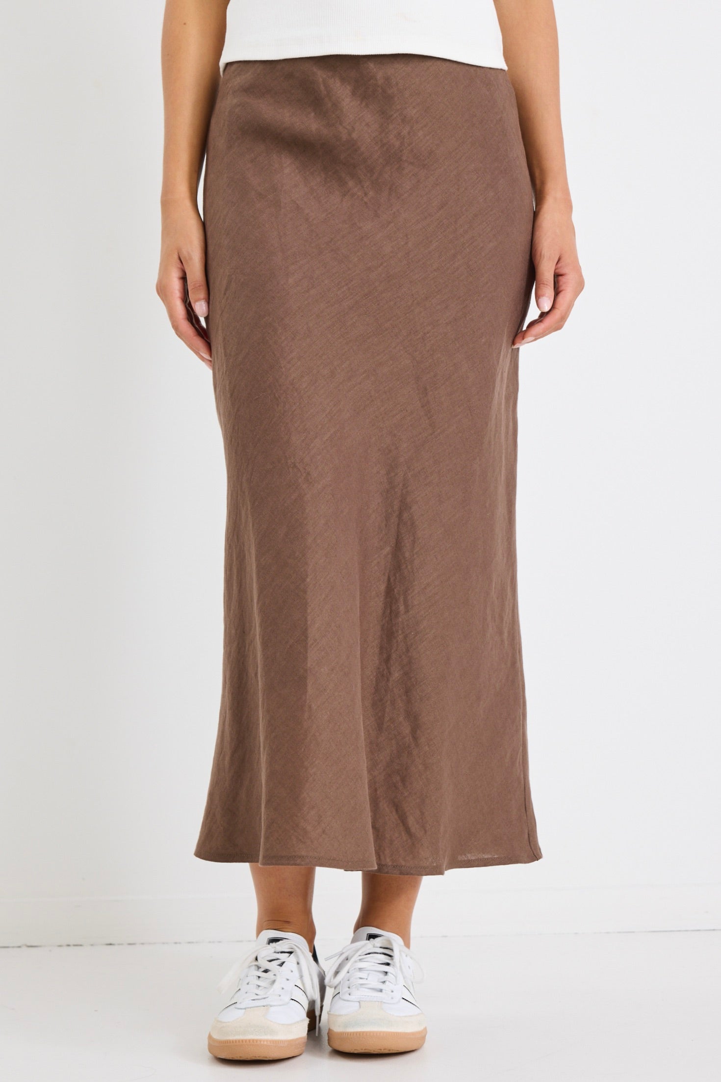 Bliss Chocolate Linen Bias Midi Skirt - Women's Summer A-Line Skirt with Pockets | Perfect for Beach Vacations, Brunch Dates & Casual Outings