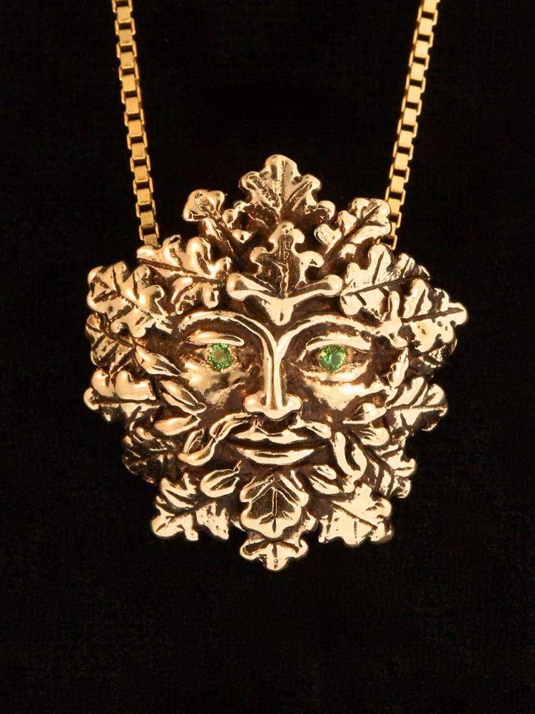14K Gold Green Man Pendant Necklace with Tsavorite Gemstone Eyes - Nature Inspired Leaf Man Charm Jewelry for Women, Perfect for Boho Fashion, Spiritual Gifts & Nature Lovers