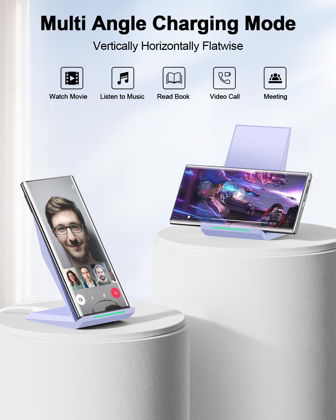NANAMI Qi-Certified Fast Wireless Charging Stand - 15W Fast Wireless Charger Compatible with iPhone 16/15/14/13/12/11/X, Samsung Galaxy S25/S24/S23/S22/S21, AirPods Pro - Perfect for Home, Office & Nightstand Charging