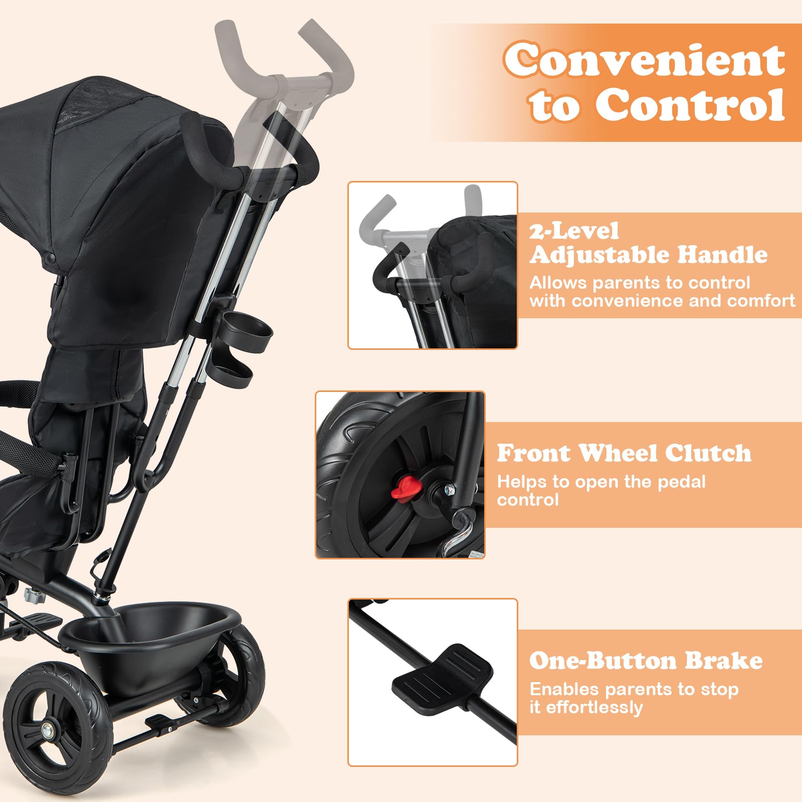 BABY JOY 4-in-1 Adjustable Toddler Tricycle with Removable Canopy, Push Handle & Safety Belt - Foldable Footrest & Storage Basket - Reversible Seat for Boys & Girls 9-60 Months (Black) - Perfect for Outdoor Play, Park Rides & Learning to Bike
