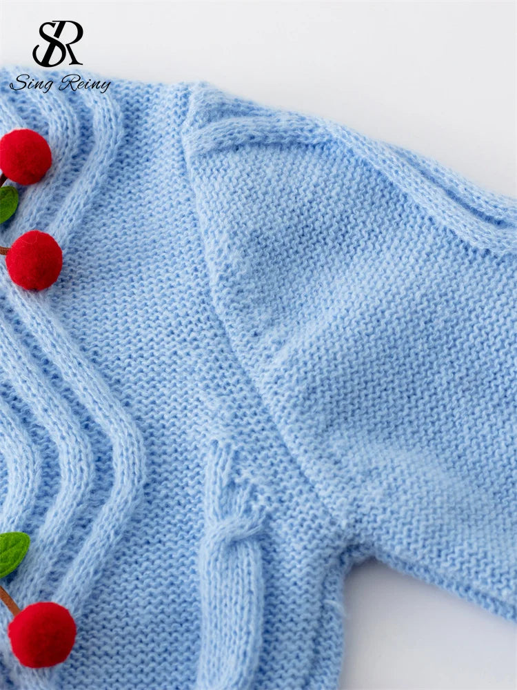 3D Cherry Print O-Neck Long Sleeve Pearl Button Knit Sweater for Women - Cozy Winter Pullover for Casual Wear & Office Outfits