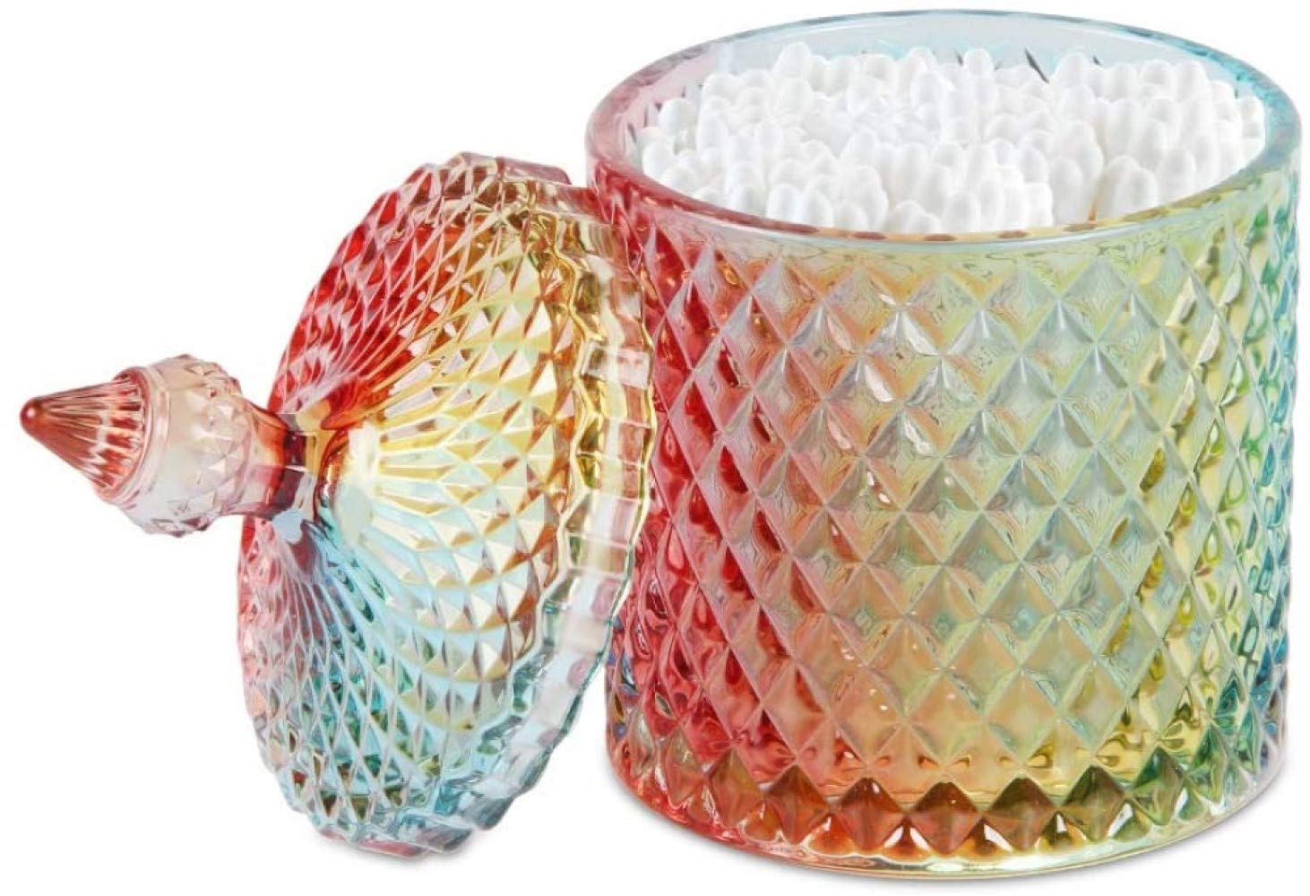 Rainbow Glass Jar with Lid - 10 oz Decorative Storage Container for Qtips, Bath Salts, Makeup Sponges & Jewelry | Bathroom Vanity Organizer & Countertop Dispenser | Perfect for Home Decor, Spa Essentials & Cosmetic Organization