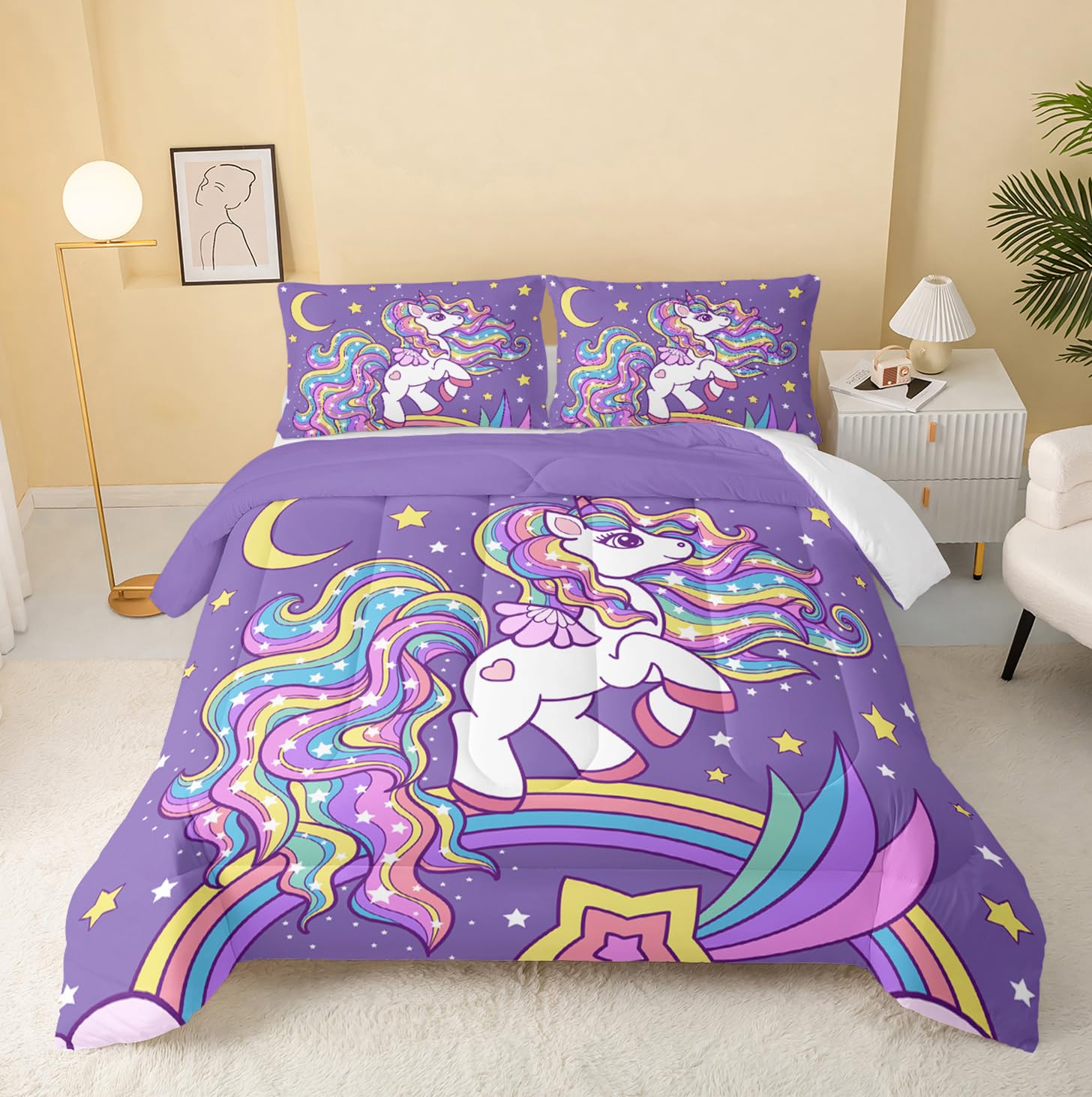 QOOMO Unicorn Comforter Set Queen Size - Rainbow Printed 3-Piece Bedding with 2 Pillowcases | Soft, Lightweight Down Alternative for Kids, Teens & Girls | Perfect for Bedrooms, Sleepovers & Cozy Nights