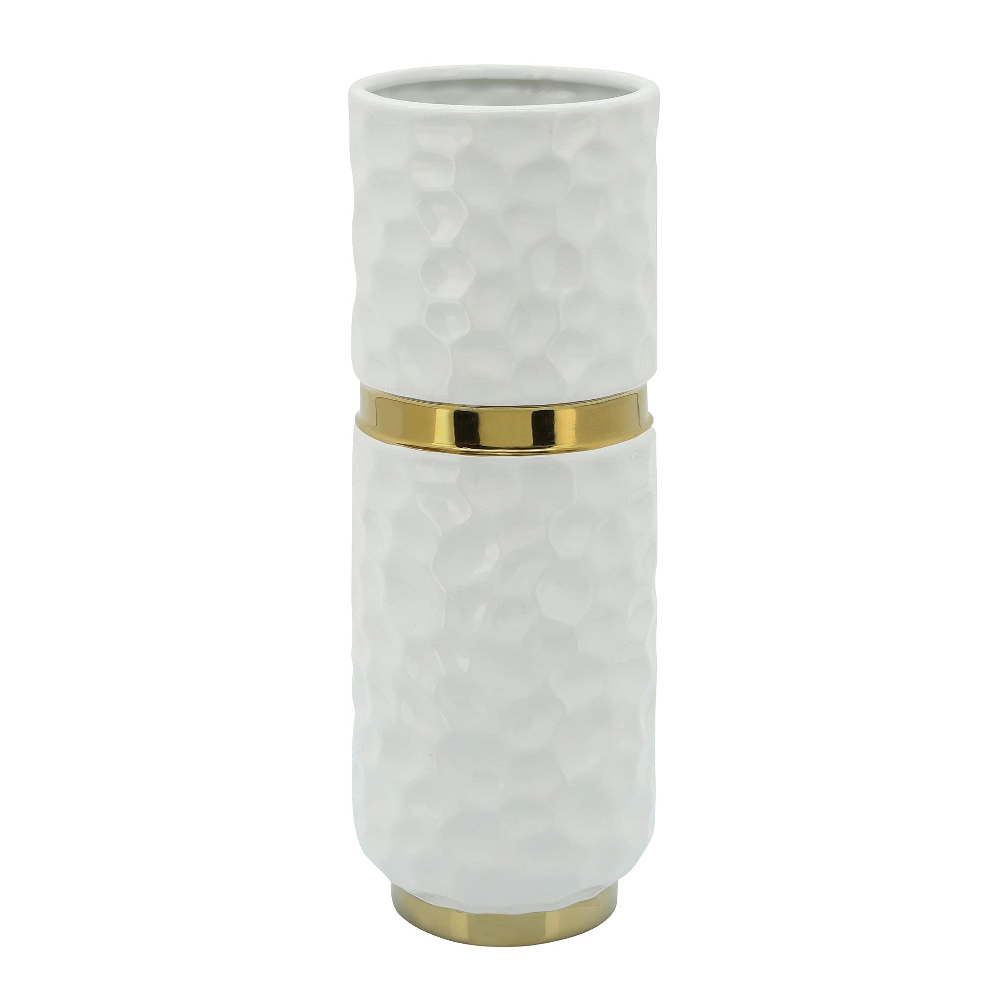 Kingston Living 13-Inch White and Gold Belted Cylindrical Ceramic Vase - Elegant Home Decor for Centerpieces, Wedding Decorations & Modern Interior Design