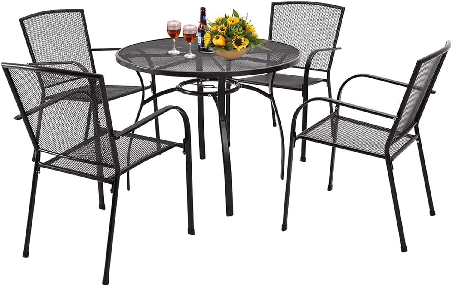AECOJOY 37 Inch Round Outdoor Patio Table with Umbrella Hole - Weather-Resistant Steel Dining Table for Backyard, Garden, Porch, Bistro - Dark Grey - Perfect for Outdoor Dining, Entertaining & Relaxing