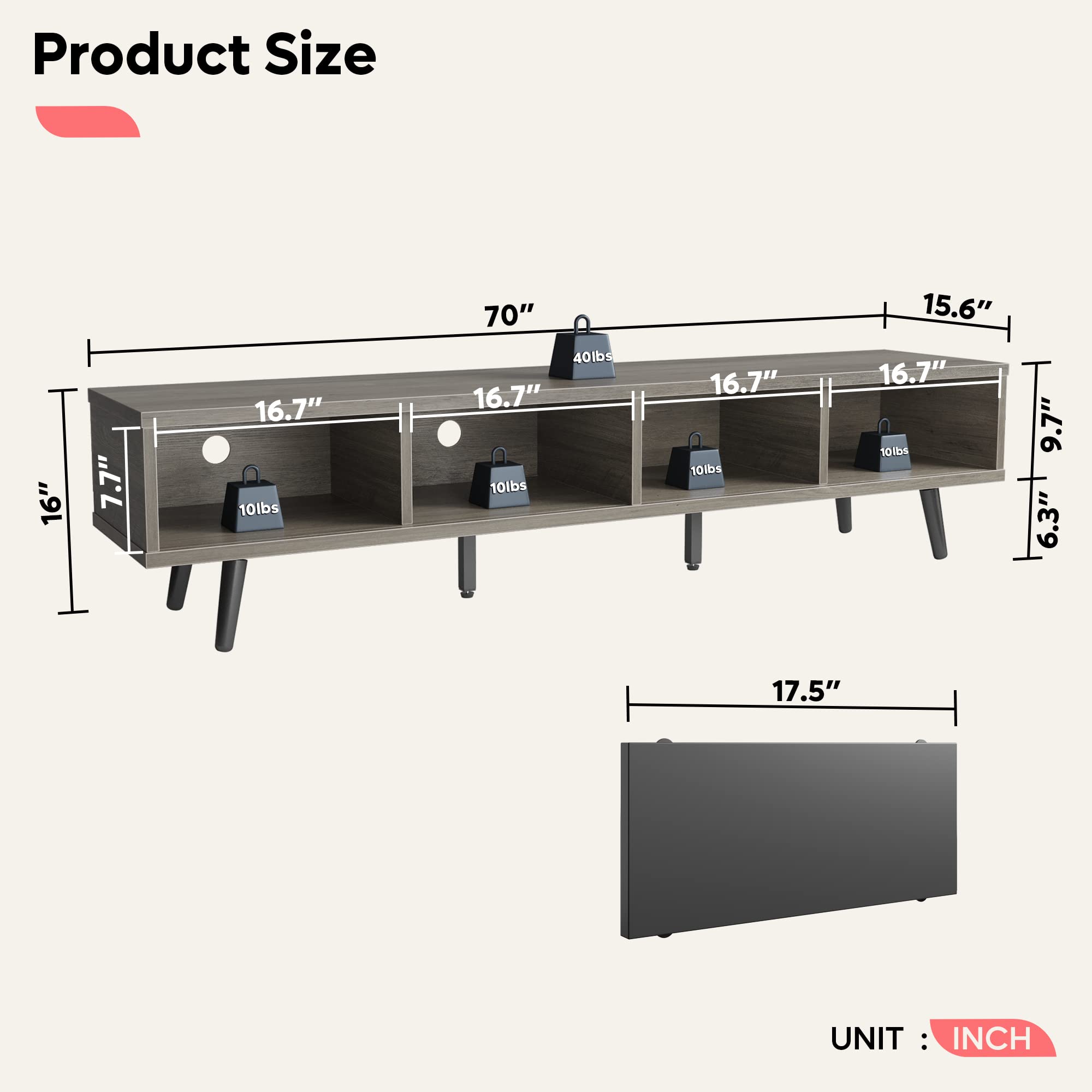 Bestier 70 Inch Modern TV Stand for 75 Inch TVs - Low Profile Entertainment Center with Storage & Cord Management - Gray Wash - Perfect for Living Room, Bedroom & Home Theater Setup