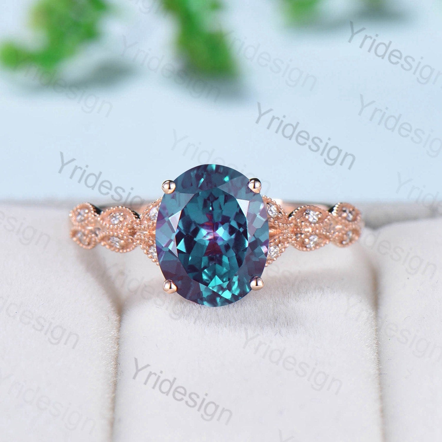 8X10mm Oval Alexandrite Engagement Ring for Women - Split Shank Art Deco Moissanite Diamond Wedding Band, Milgrain Detailing, June Birthstone Anniversary Gift - Perfect for Proposals, Bridal Jewelry & Special Occasions