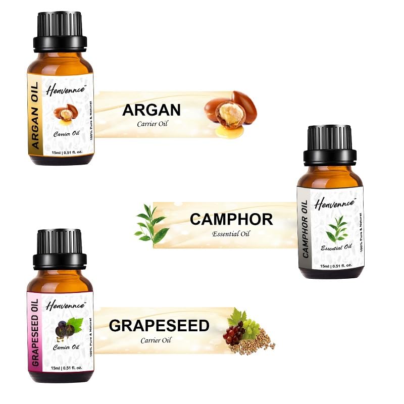 Premium Argan Oil, Camphor Oil & Grapeseed Oil Trio Set - Vitamin E Enriched for Anti-Aging | Deep Moisturizer for Skin & Hair Care | 3-Pack (45ml Each) | Perfect for Daily Skincare Routine & Hair Treatment