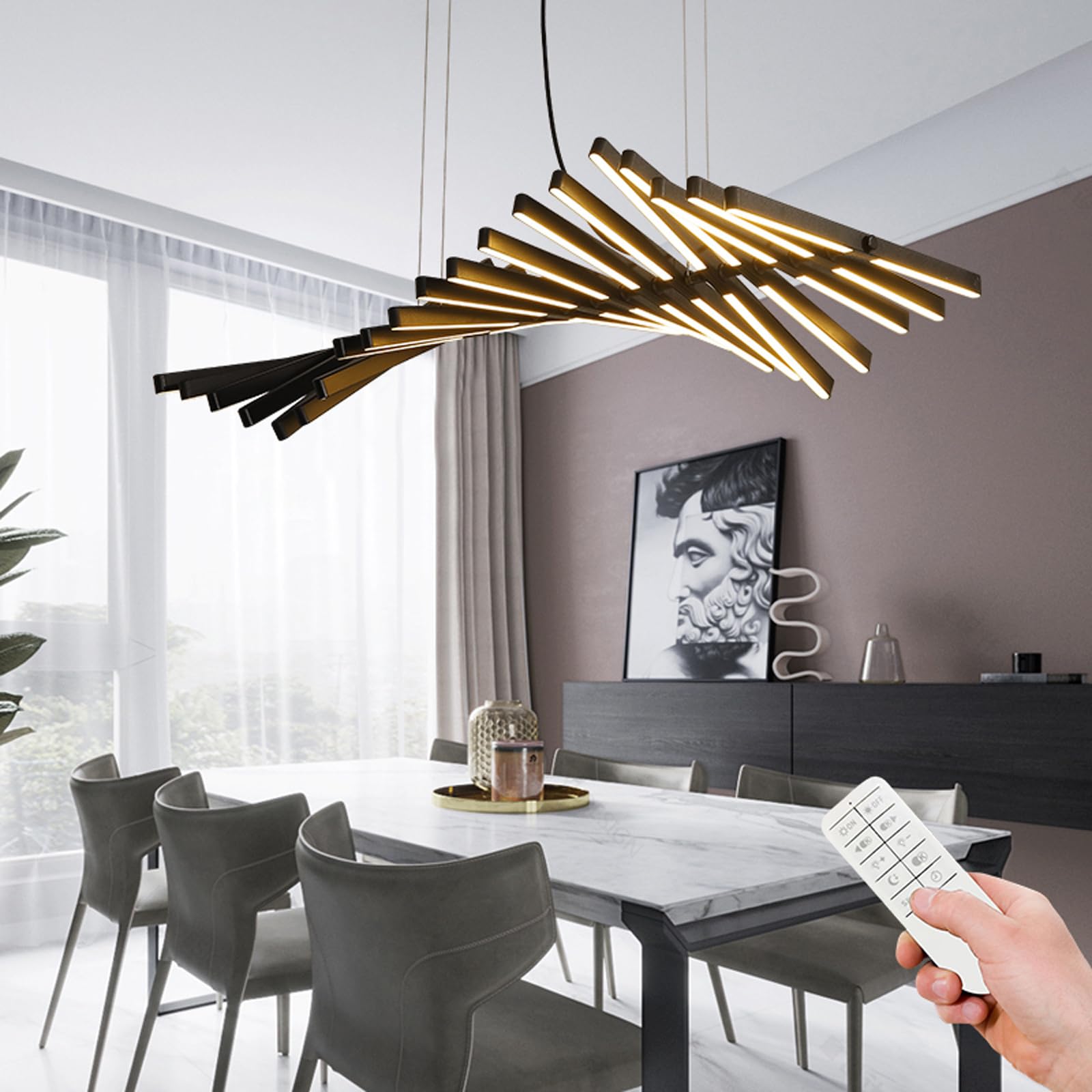 Modern Designer Chandelier - Dimmable LED Pendant Light with Remote Control, 20-Light Black Hanging Lamp for Kitchen Island & Dining Room | Perfect for Contemporary Home Decor & Restaurant Lighting