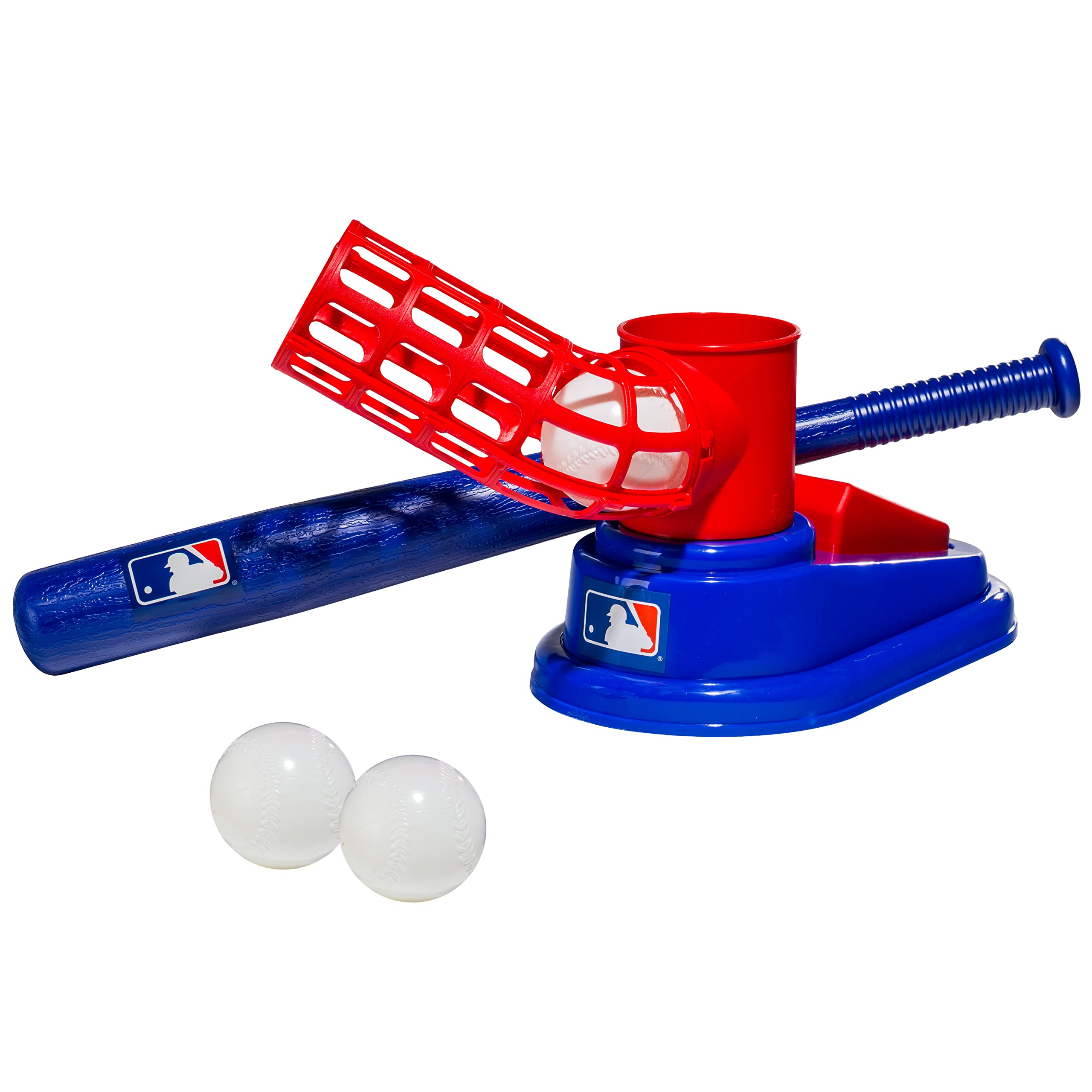 Franklin Sports Kids Baseball Pitching Machine - Pop A Pitch Batting Trainer with Youth Bat & 3 Plastic Balls - Perfect for Backyard Practice, Team Training & Birthday Gifts - Red/Blue Baseball Toy for Boys & Girls