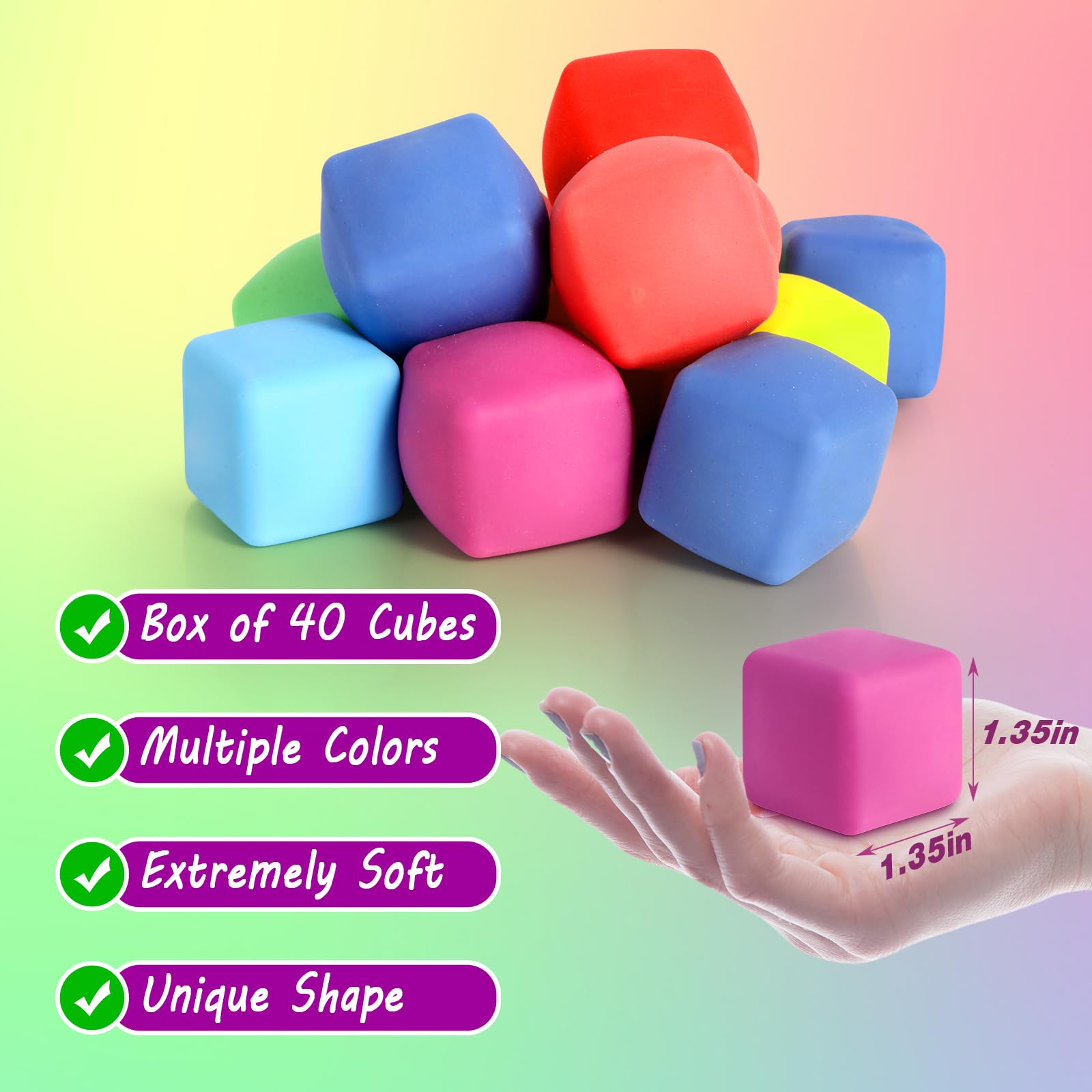 40 Pack Slow Rising Stress Cube Fidget Toys for Kids & Adults - Squishy Sensory Balls, Stretch Pull Square Fidgets for Classroom, Office, Party Favors - Anxiety Relief, ADHD Focus Aid, Desk Toy for Work & Study