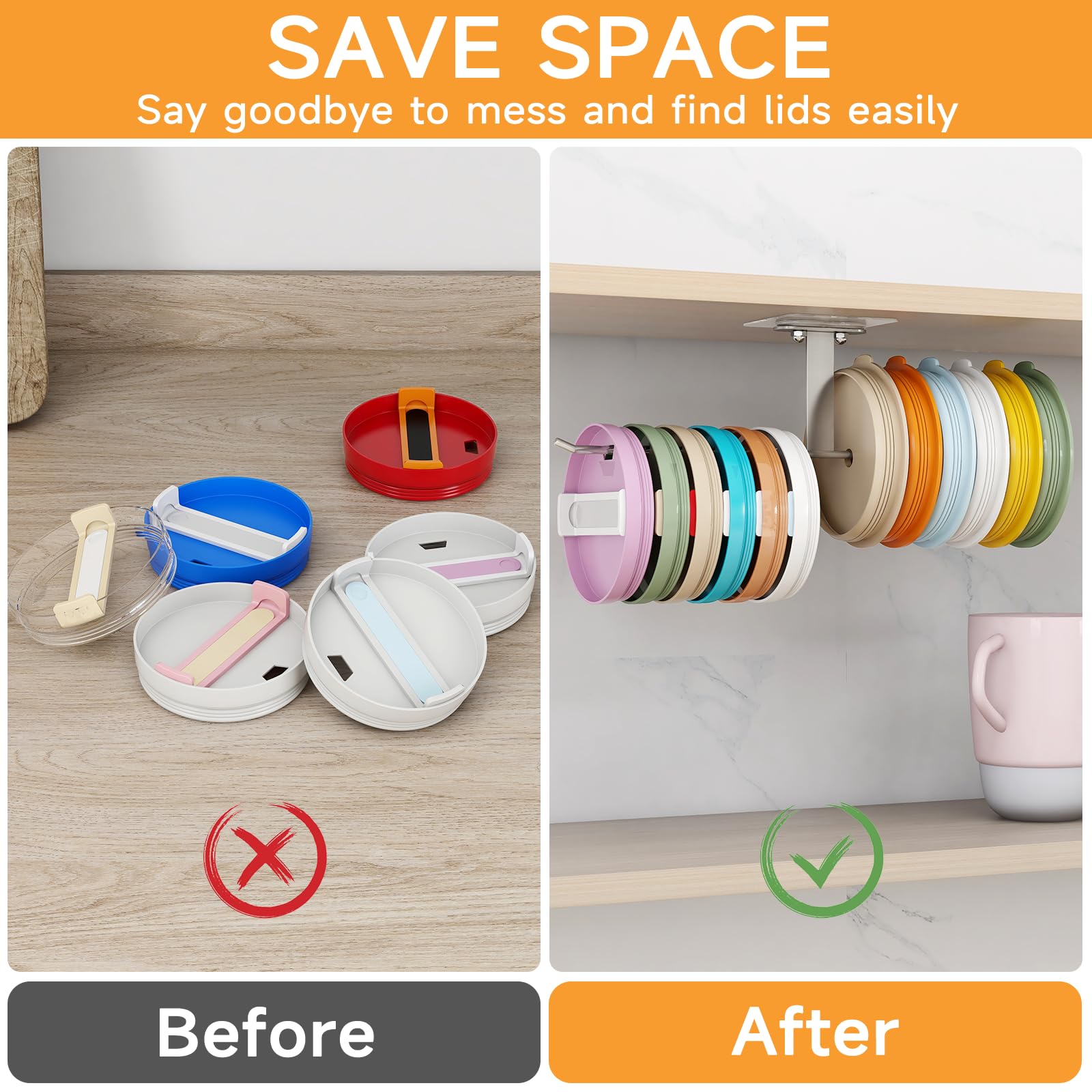 Stainless Steel Tumbler Lid Organizer - Self-Adhesive Under Cabinet Storage Hook Holds 10+ Cup Lids | Perfect for Kitchen Organization & Coffee Bar Accessories