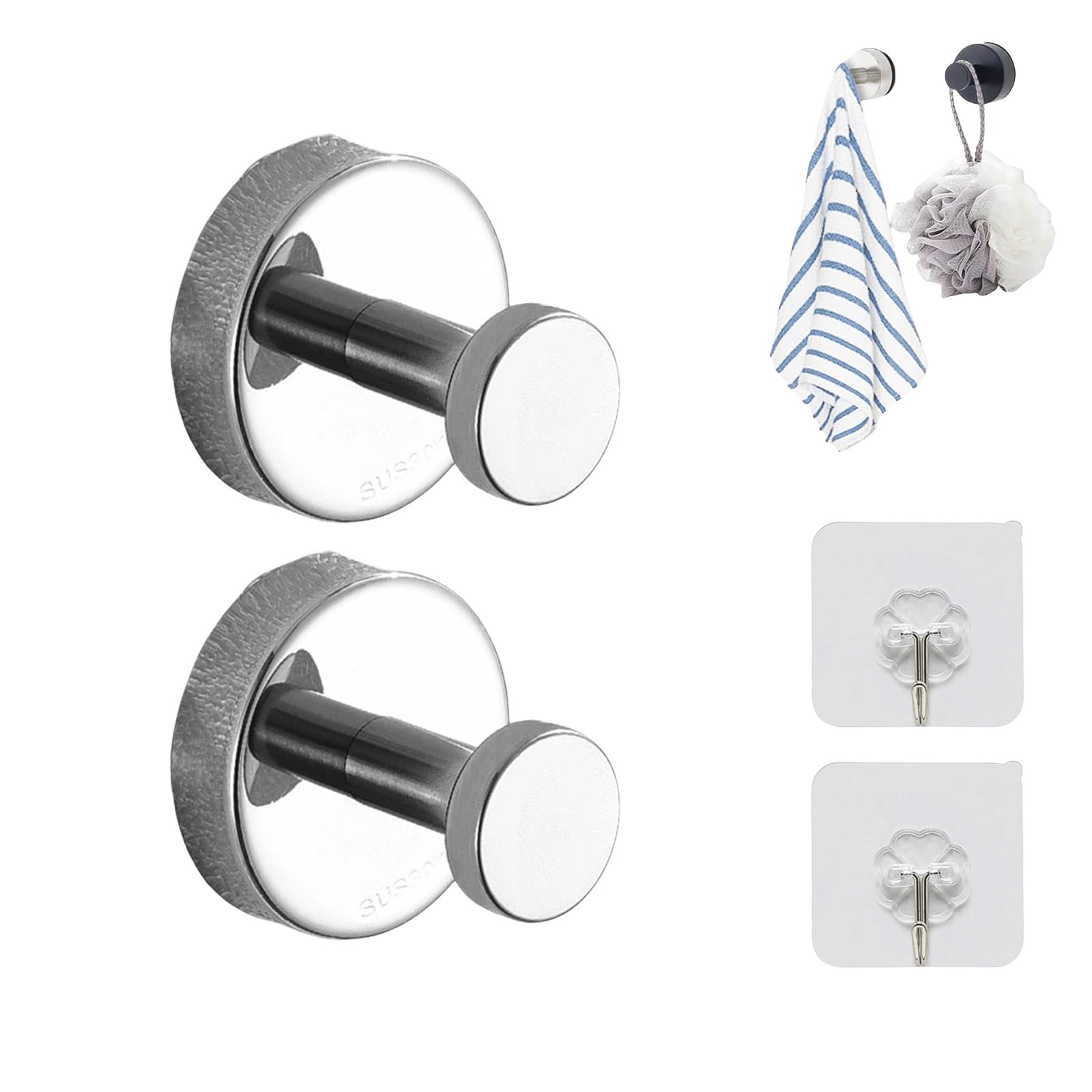 Luxehold No-Drill Wall Hooks - Heavy Duty Suction Cup Hooks for Bathroom, Kitchen & Bedroom - Waterproof Adhesive Hooks for Towels, Robes & Decor (2 Pack, Silver) - Perfect for Renters & Home Organization