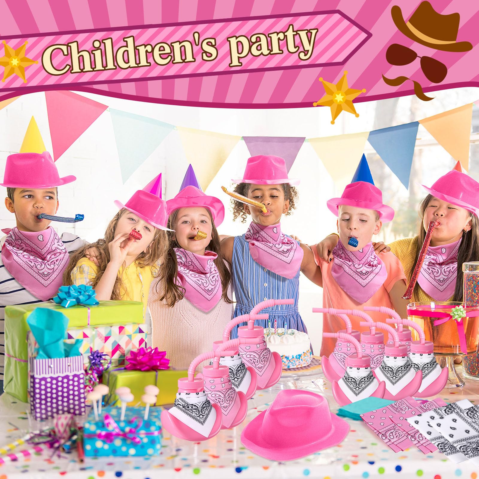 Gerrii 12 Pcs Cowboy Hat Shaped 10oz Plastic Cups with Lids & Straws - Western Themed Party Supplies for Rodeo, Cowgirl Birthday, BBQ, and Country Themed Events (Pink, Pink, White) - Perfect for Outdoor Picnics, Ranch Parties, and Western Decorations