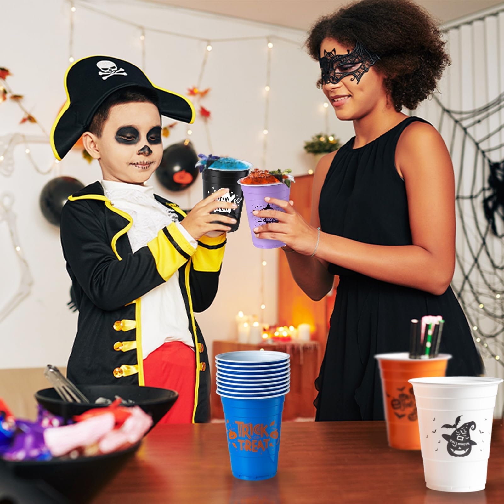 GuassLee 50 Pack Halloween Disposable Cups - 16Oz Colorful Plastic Party Cups Set (5 Styles) for Halloween Party, Coffee, Wine, Hot & Cold Drinks - Perfect for Halloween Celebrations, Office Parties, and Family Gatherings