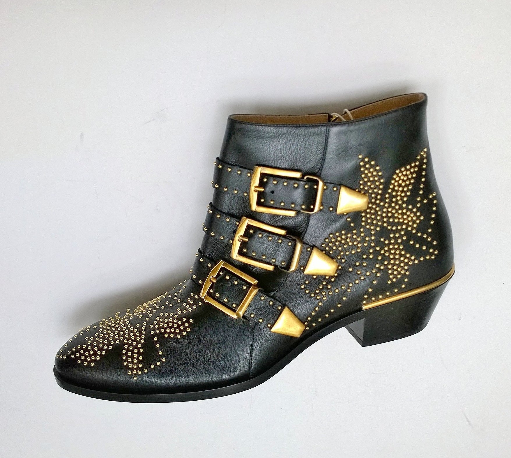 Chloé Susanna Black Leather Ankle Boots with Gold Studs & Buckle - New in Box - Perfect for Night Out, Party & Fashion Events