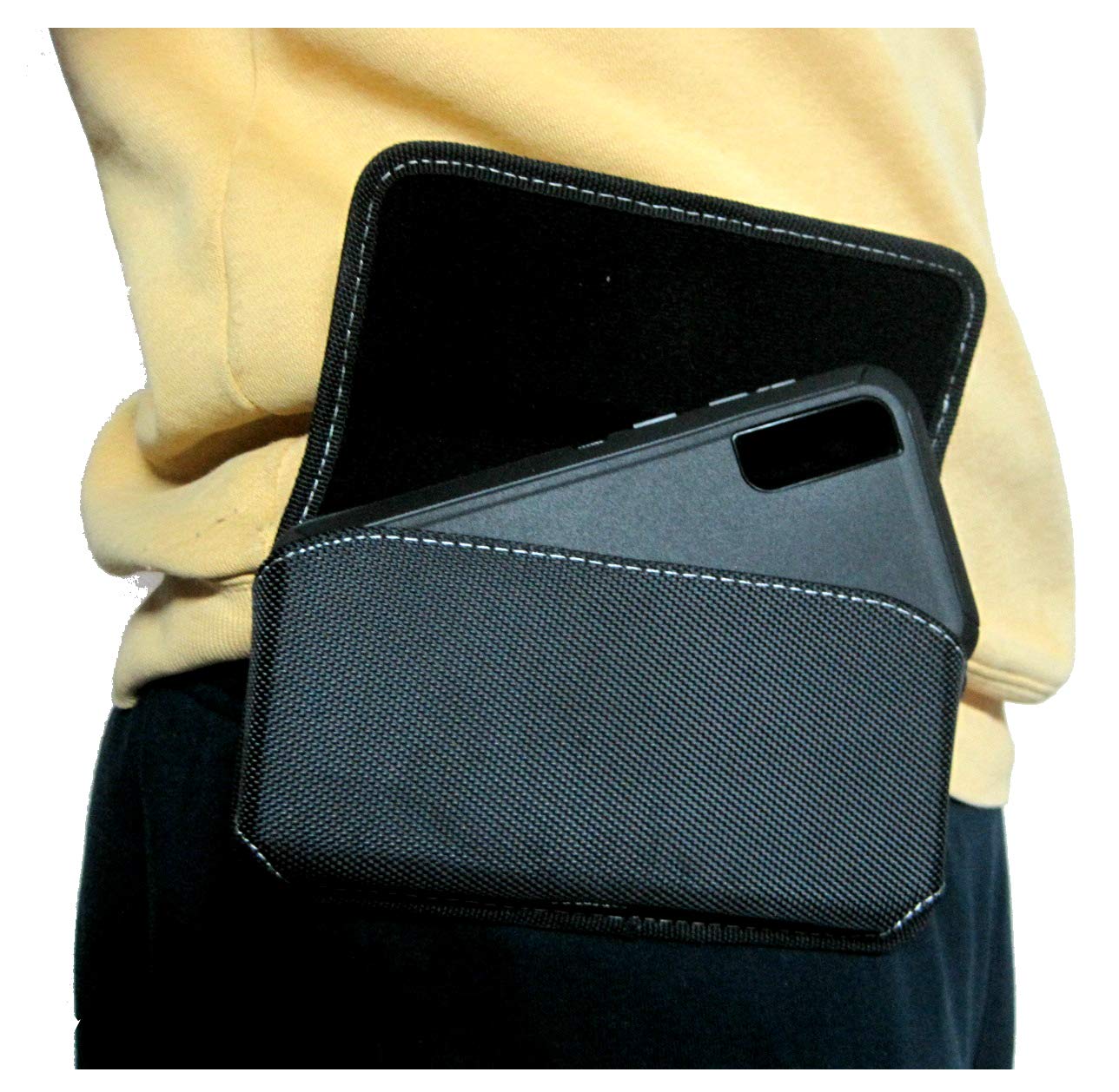 Nylon Cell Phone Holster Pouch for Galaxy S23FE/A25/A23/A14/A13/A20/A50 - Compatible with Otterbox Commuter/Defender Cases - Rugged Belt Loop Clip Holder with Magnetic Closure (Black-Horizontal) - Perfect for Work, Hiking, and Outdoor Activities
