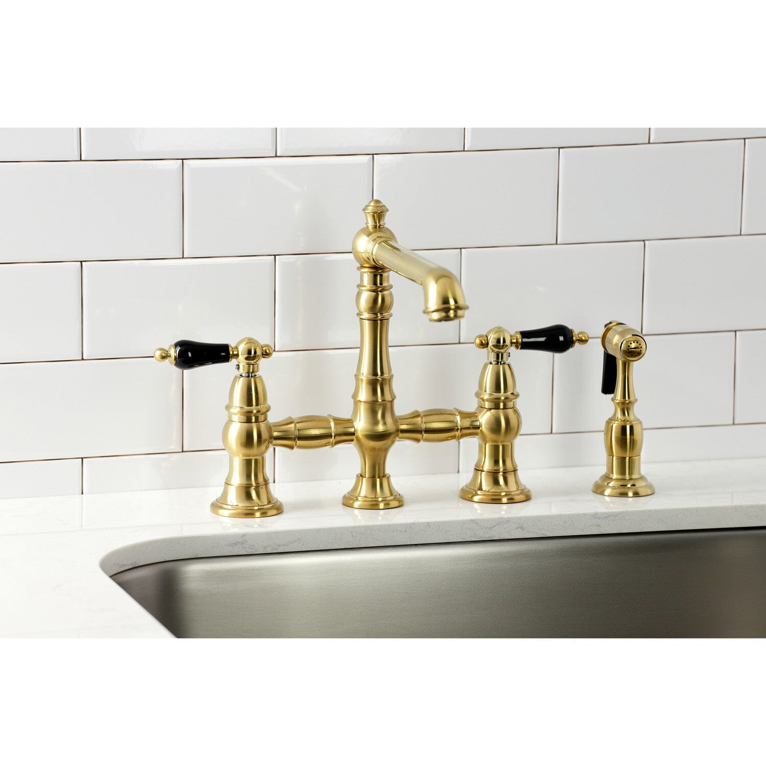 Duchess Two-Handle 4-Hole Deck Mount Bridge Kitchen Faucet with Brass Side Sprayer - Perfect for Farmhouse & Vintage Style Kitchens