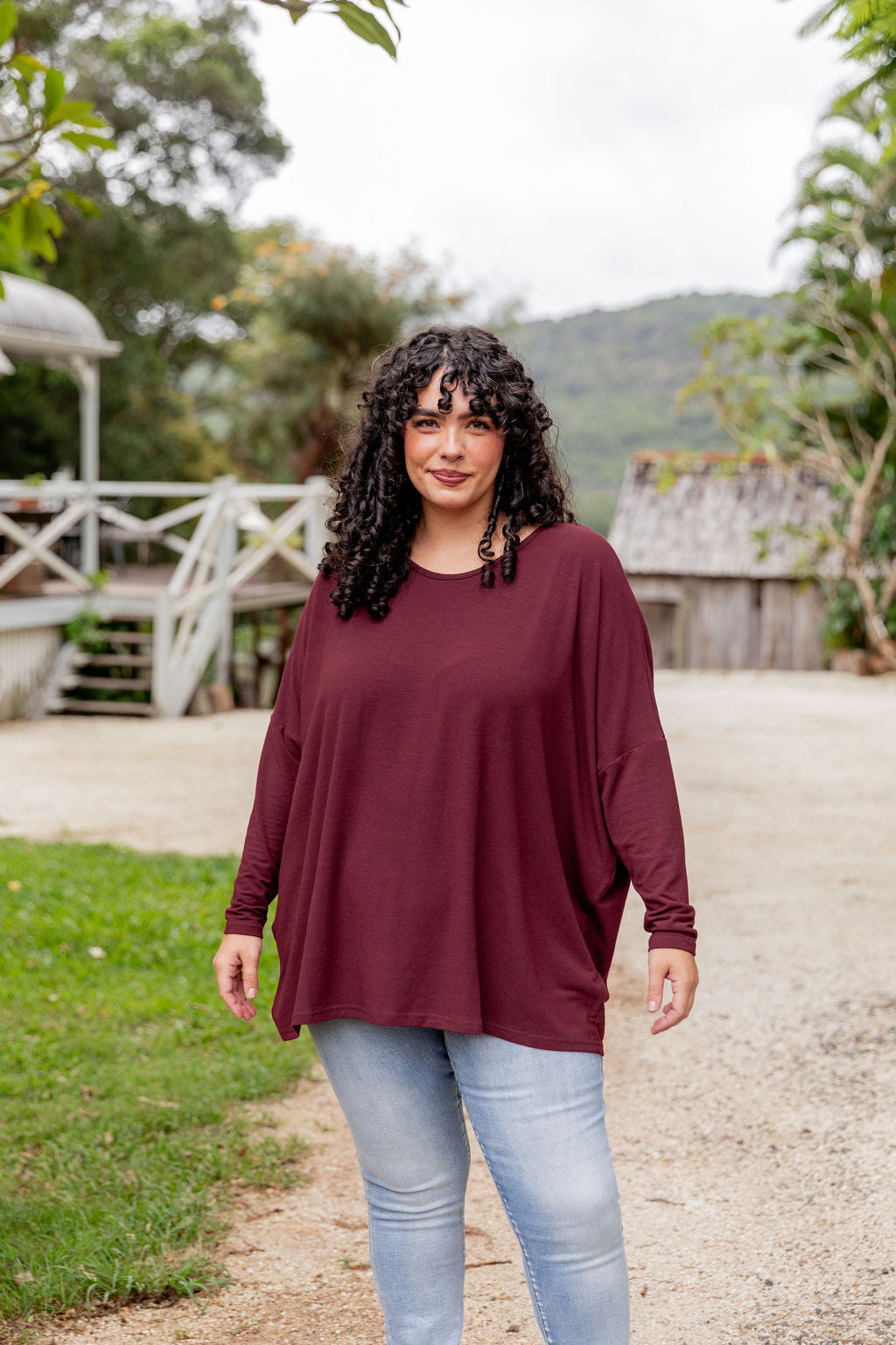 Harlow Knit Top Women's Long Sleeve Merlot Wine Red Pullover Sweater - Perfect for Fall Layering, Office Wear & Casual Outfits