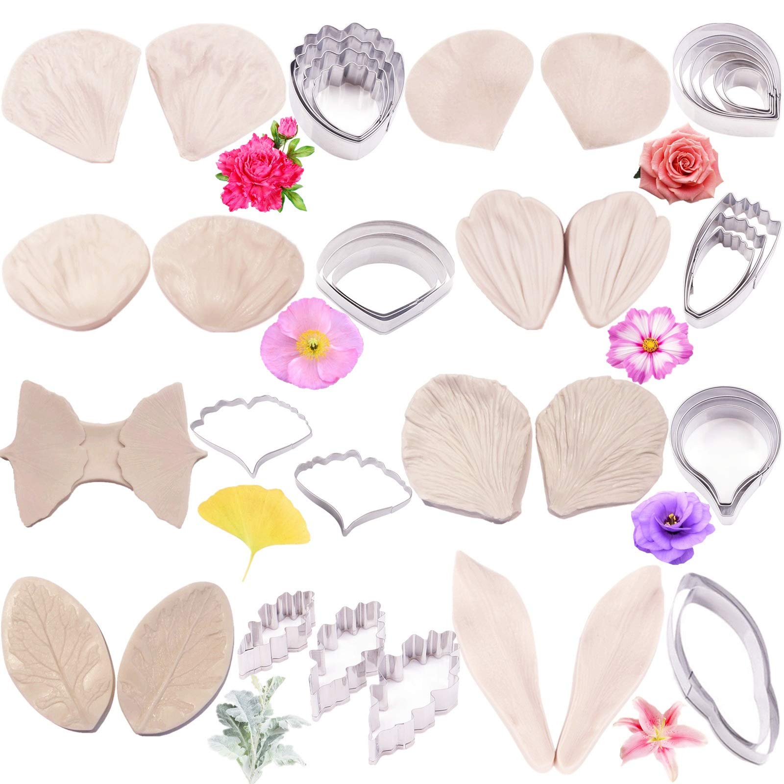 16-Piece Gum Paste Flower Tools Kit - 8 Silicone Flower Molds & 8 Stainless Steel Fondant Cutters for Cake Decorating | Perfect for Wedding, Birthday, Cupcake & Cookie Sugar Crafting