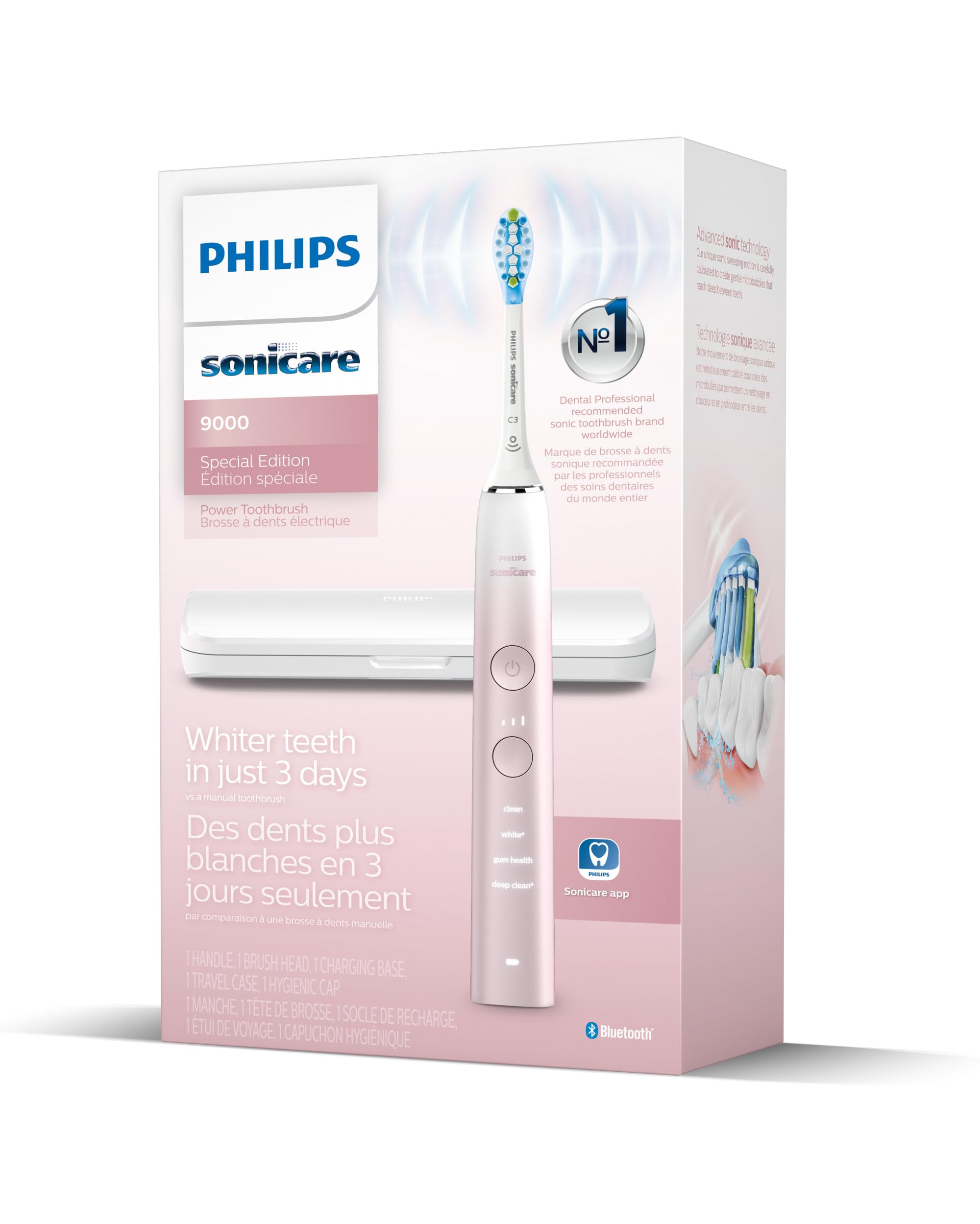 Philips Sonicare DiamondClean 9000 Special Edition Rechargeable Electric Toothbrush - HX9911/90 in White & Pink | Professional Teeth Cleaning for Whitening, Plaque Removal & Gum Care | Perfect for Travel & Home Use