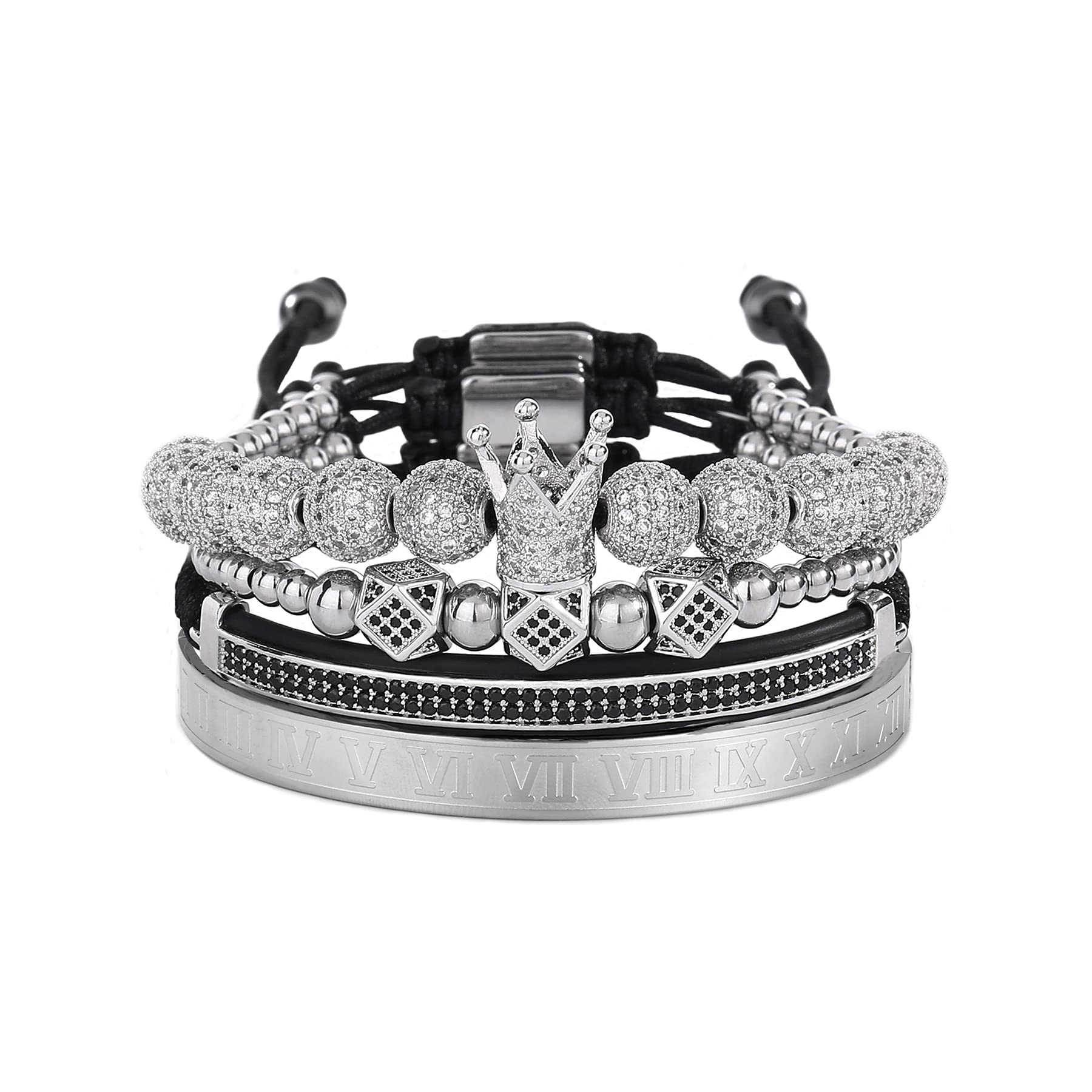 Luxury Royal Crown Charm Stainless Steel Men's Bracelet with Roman Numerals - Gold, Silver, Black Cuff Bangle Jewelry for Gifts, Weddings & Formal Occasions