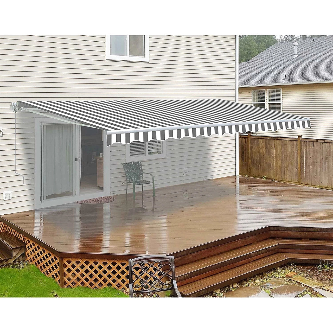 Aleko 16x10 Feet Motorized Retractable Patio Awning - White Frame with Gray & White Stripes for Outdoor Shade & Backyard Relaxation