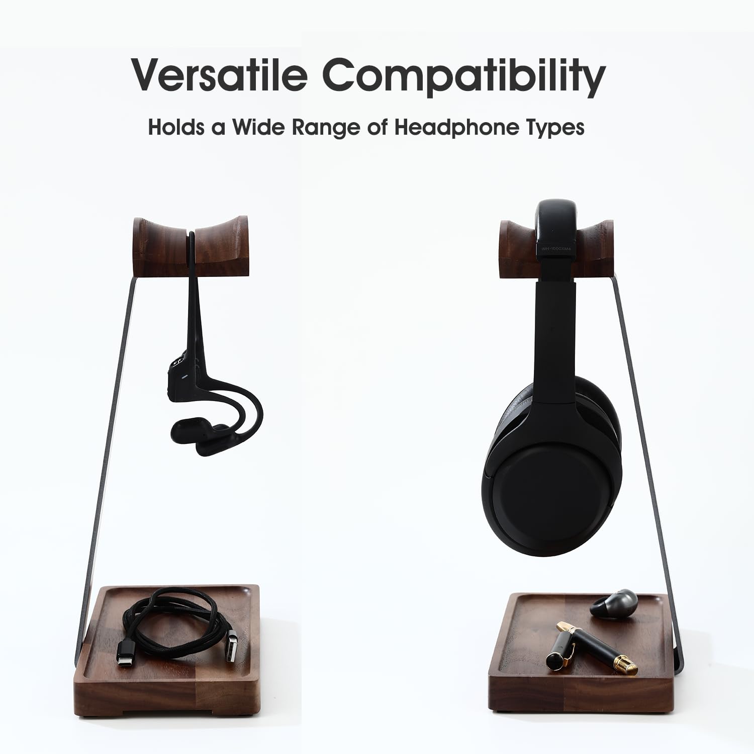 Premium Walnut Wood Headphone Stand with Storage Base - Stylish Desk Organizer for AirPods Max, Bose, Sony, Sennheiser & Gaming Headsets - Perfect Gift for Audiophiles & Gamers - Ideal for Home Office, Gaming Setup & Studio Use