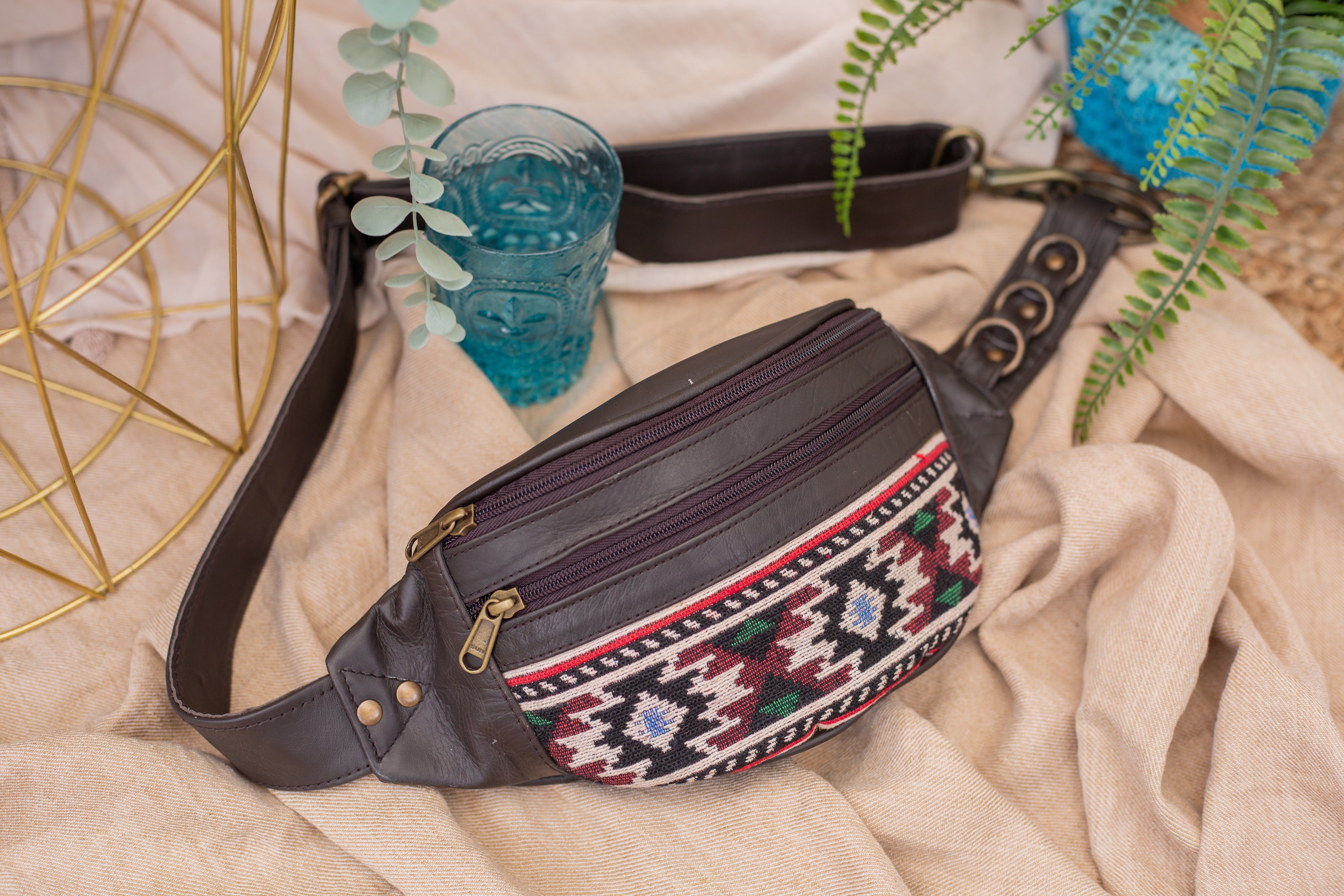 Bohemian Brown Leather Kilim Bumbag - Vintage Crossbody Bag for Women, Men - Perfect for Travel, Festivals & Everyday Use