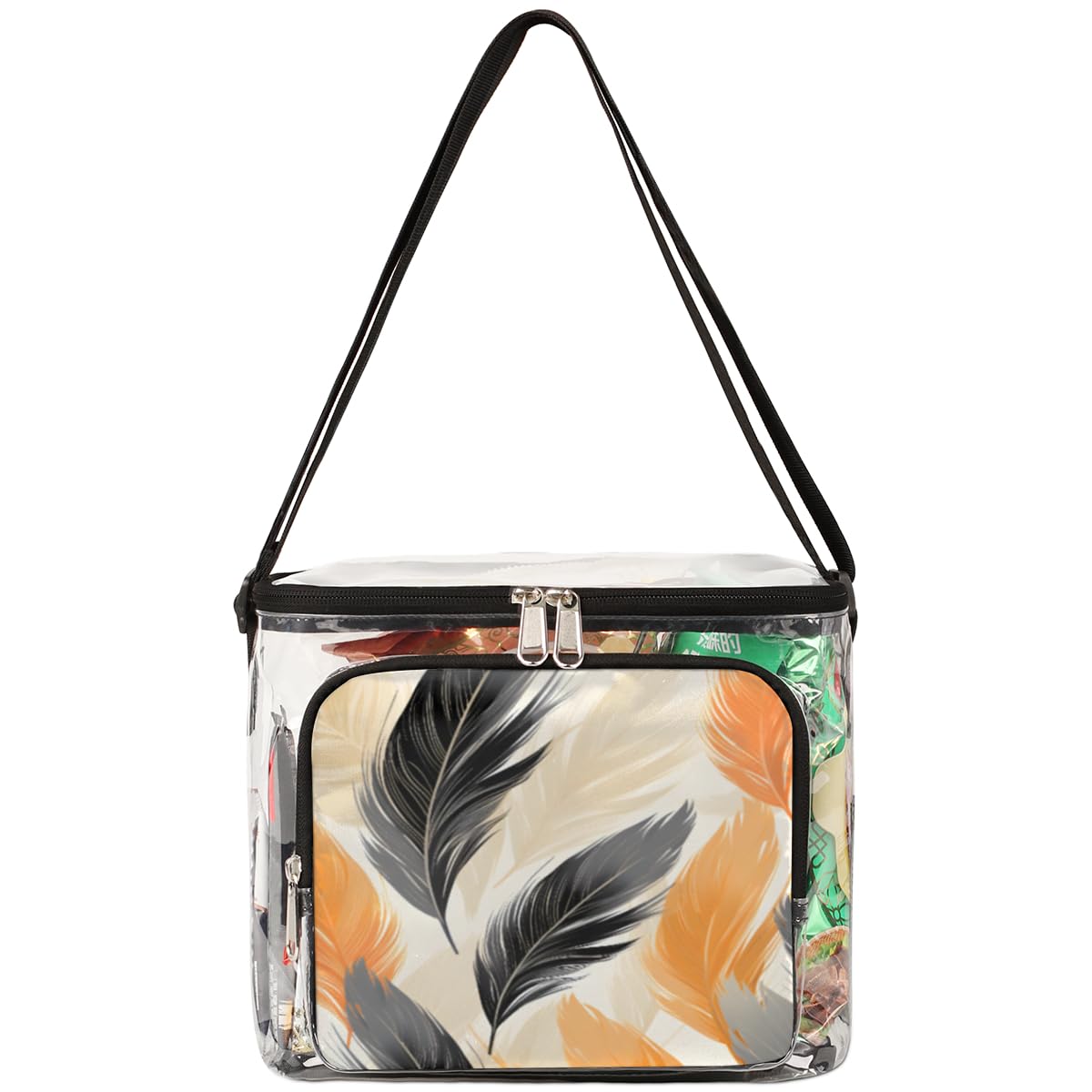 GzLeyigou Black & Yellow Feather Clear Tote Bag with Handles - Transparent Crossbody Shoulder Purse for Women, Lunch Bag - Perfect for Outdoor Travel, Picnic, Concerts & Sports Events (Stadium Approved)