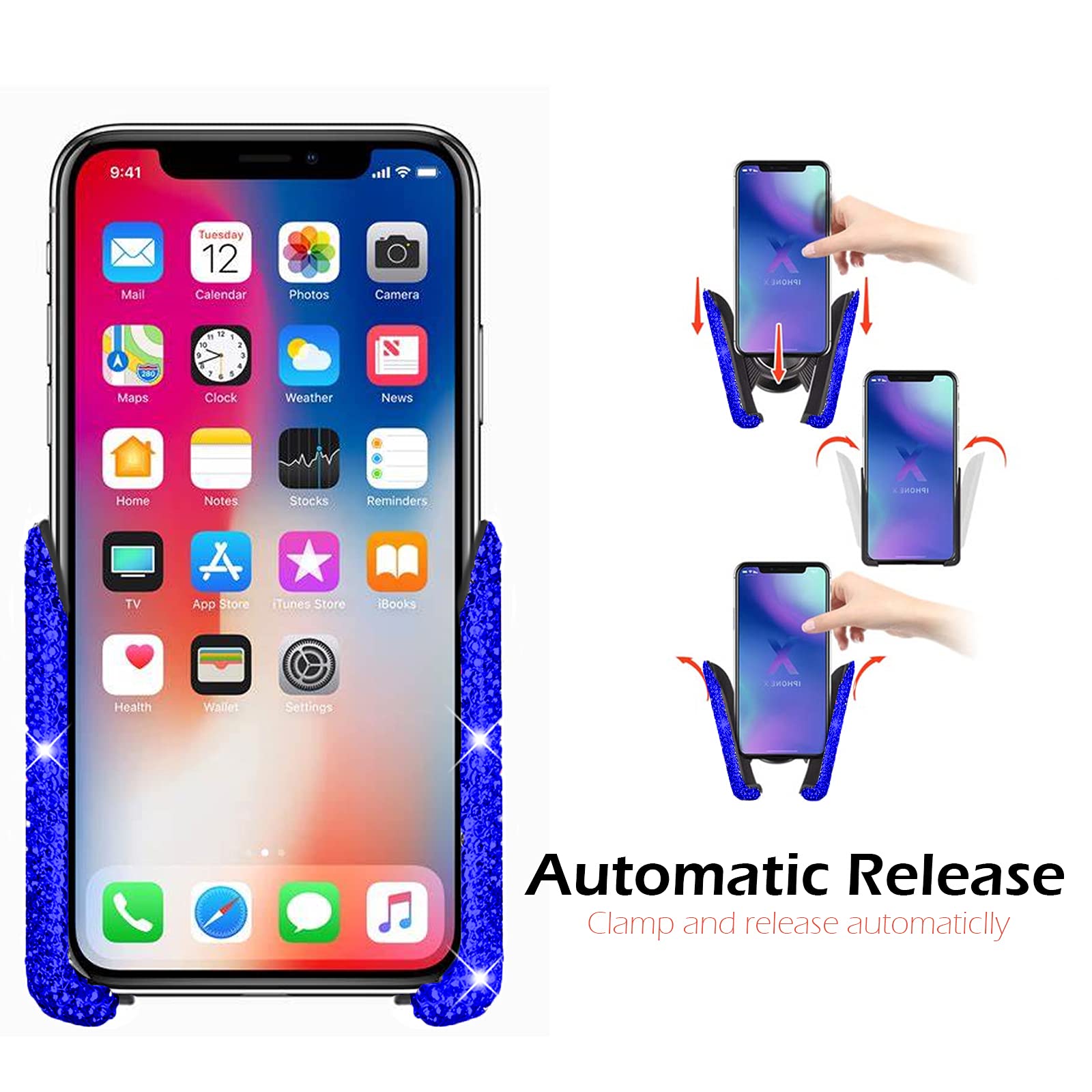 Bling Crystal Car Phone Mount with Free Glasses Holder - Universal Dashboard, Windshield & Air Vent Cell Phone Holder - Stylish Car Accessories for Women (Blue) - Perfect for Commuting, Road Trips & Hands-Free Driving