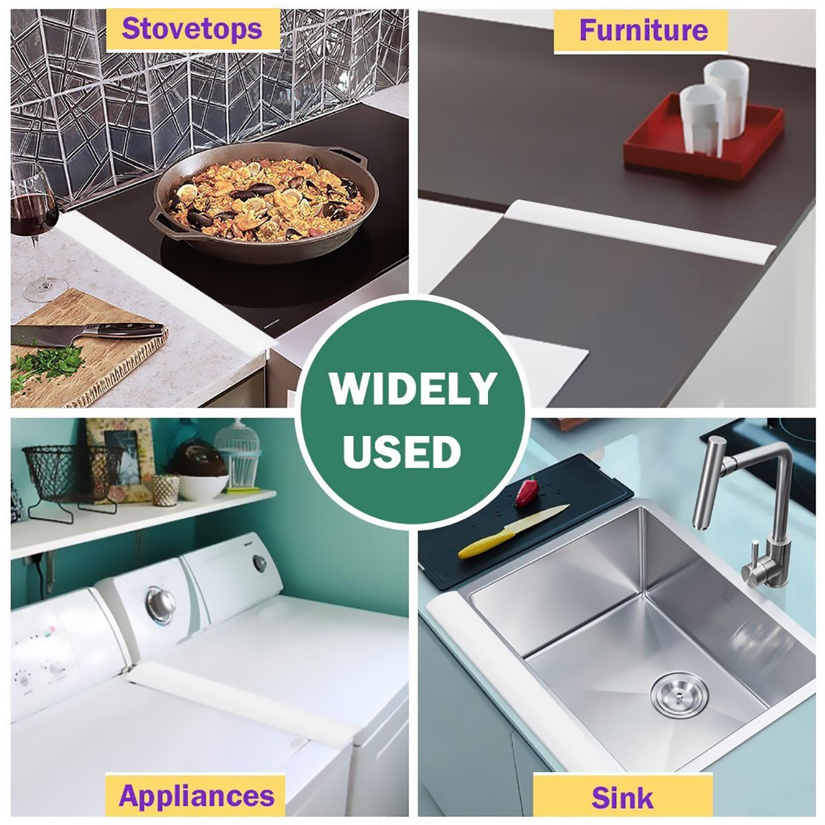 CHICTRY White Heat Resistant Silicone Stove Gap Cover - 4 Pack | Spill Guard for Kitchen Counter, Stovetop, Oven, Washer & Dryer | Perfect for Preventing Food Debris & Liquid Spills in Modern Kitchens