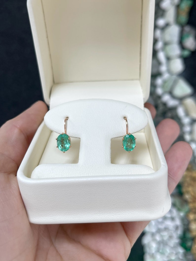 3.0tcw 14K Rose Gold Oval Cut Medium Green Colombian Emerald 6 Prong Lever Back Earrings for Women - Elegant Wedding, Anniversary & Evening Party Jewelry Gift