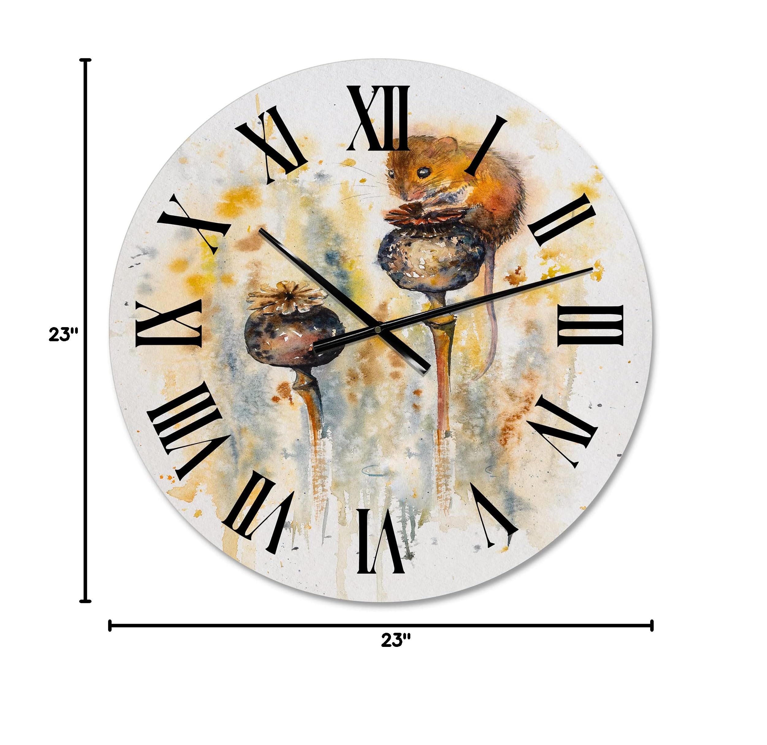 DesignQ Traditional Large Wall Clock - Mouse Sitting On Poppies, Animal Theme Home & Office Decor - Perfect for Living Room, Bedroom, Kitchen, and Workspace
