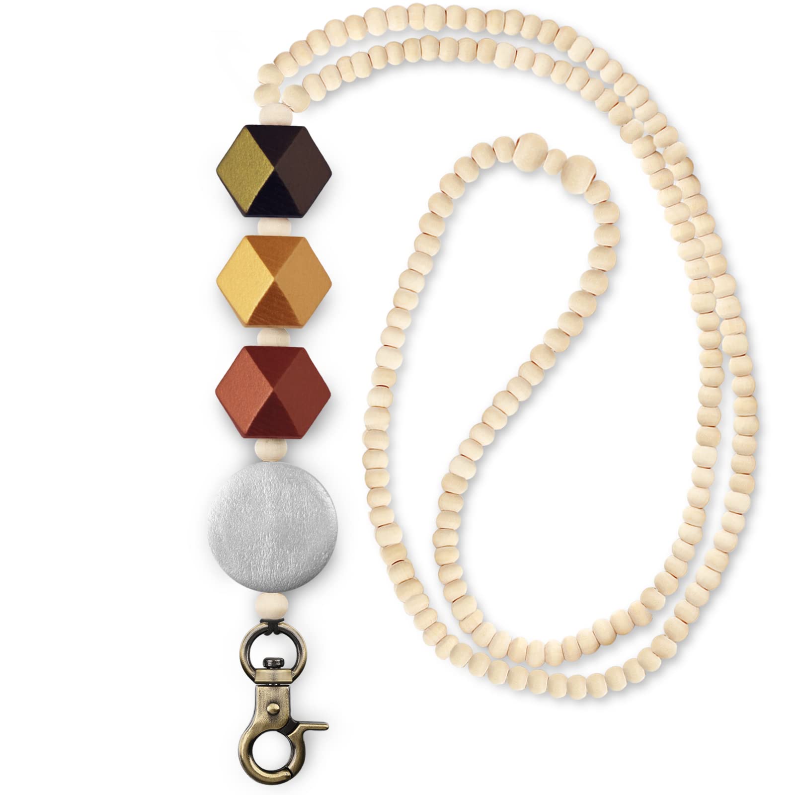 Hand-Painted Wood Beaded Lanyard ID Badge Holder for Women - Stylish Teacher Necklace with Keychain - Perfect for School, Office, and Events